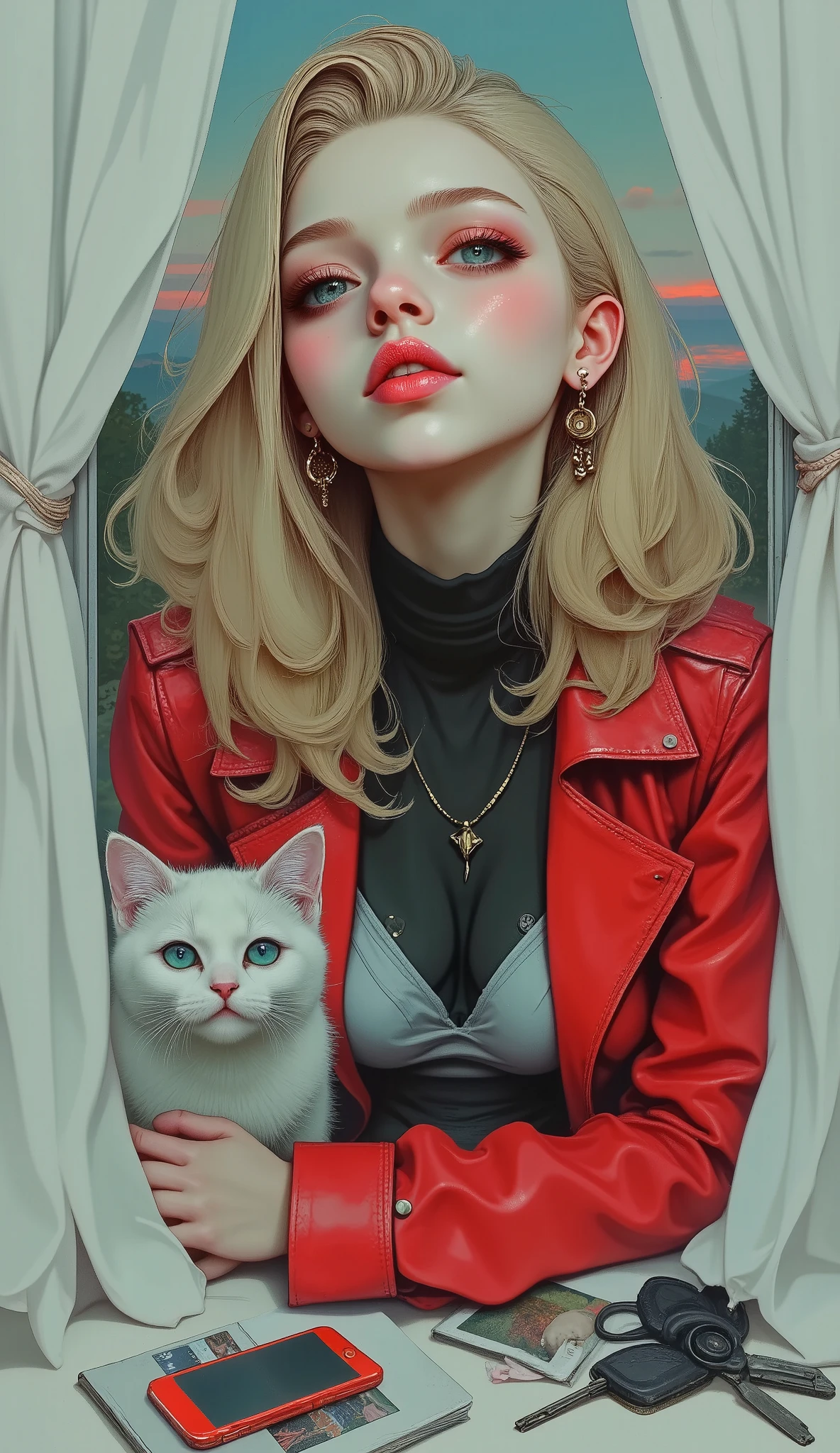 ( Plan grand general camera faraway :1.51),  Hyperrealistic young girl lying on the floor holding her face with both hands on the side of her chin,  her long wavy blond hair falls on her shoulders ,  she is wearing red lips with glitter ,  long false eyelashes ,  blinked with glitter ,  she wears a red leather jacket , A plaid miniskirt , red and black ,  has her feet crossed ,  on the floor is her cell phone ,  a magazine she is reading , keys to her car ,  behind a large window with a beautiful landscape ,  white curtains that move with the breeze ,  a white cat peeking out her head Between her arms ,  she looks at the camera sensually and a complicit and sensual smile ,  with a cell phone in her hand ,  artwork in the style of Guweiz , anime vibes, Alice X. Zhang,  ilya Kuvshinov with long hair ,  artistic style loish , guweiz, anime aesthetics, inspired by Yanjun Cheng, cyberpunk anime,  disturbing art style ,  digital anime illustration , loish y ross tran