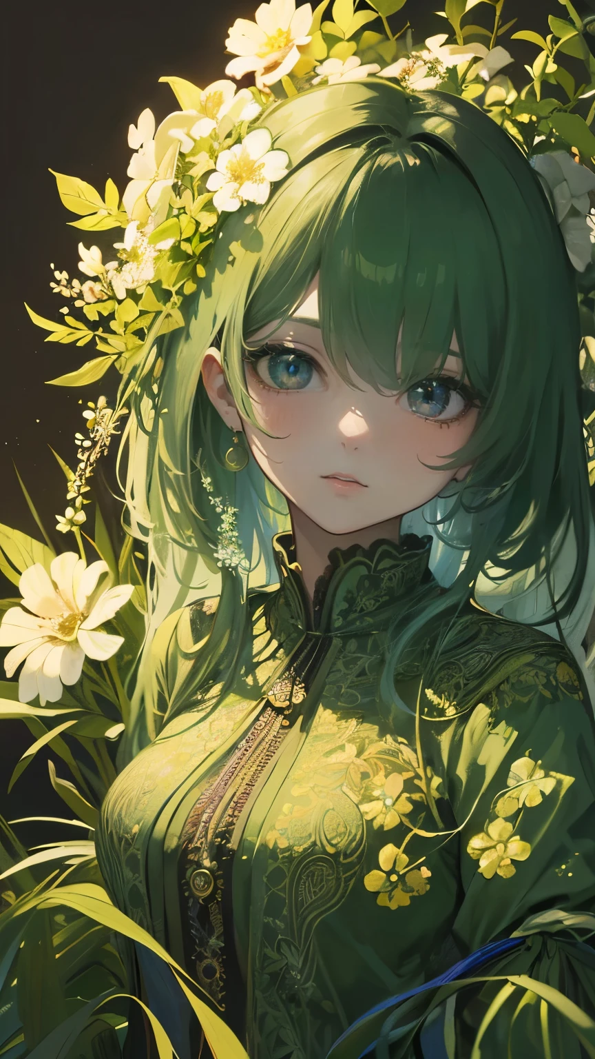 (masterpiece, best quality:1.2), 1 girl, solitary, Skin details, Beautiful facial features, Exquisite makeup, Exquisite eyes, Eye details, Green tint