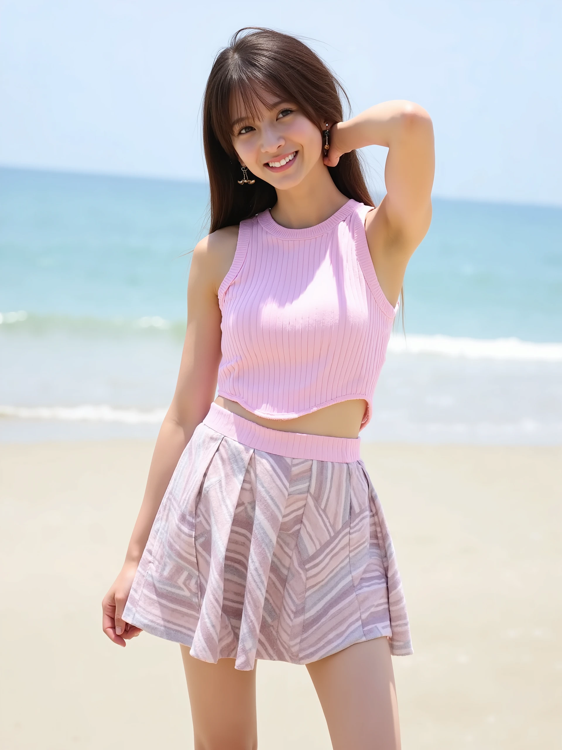 1 girl, high resolution, best quality, ((bangs, medium long hair)), (((sexy short light pink tank top, checked flared mini skirt)), ((cleavage visible)), (navel visible), (((full body image)), beach, midsummer,