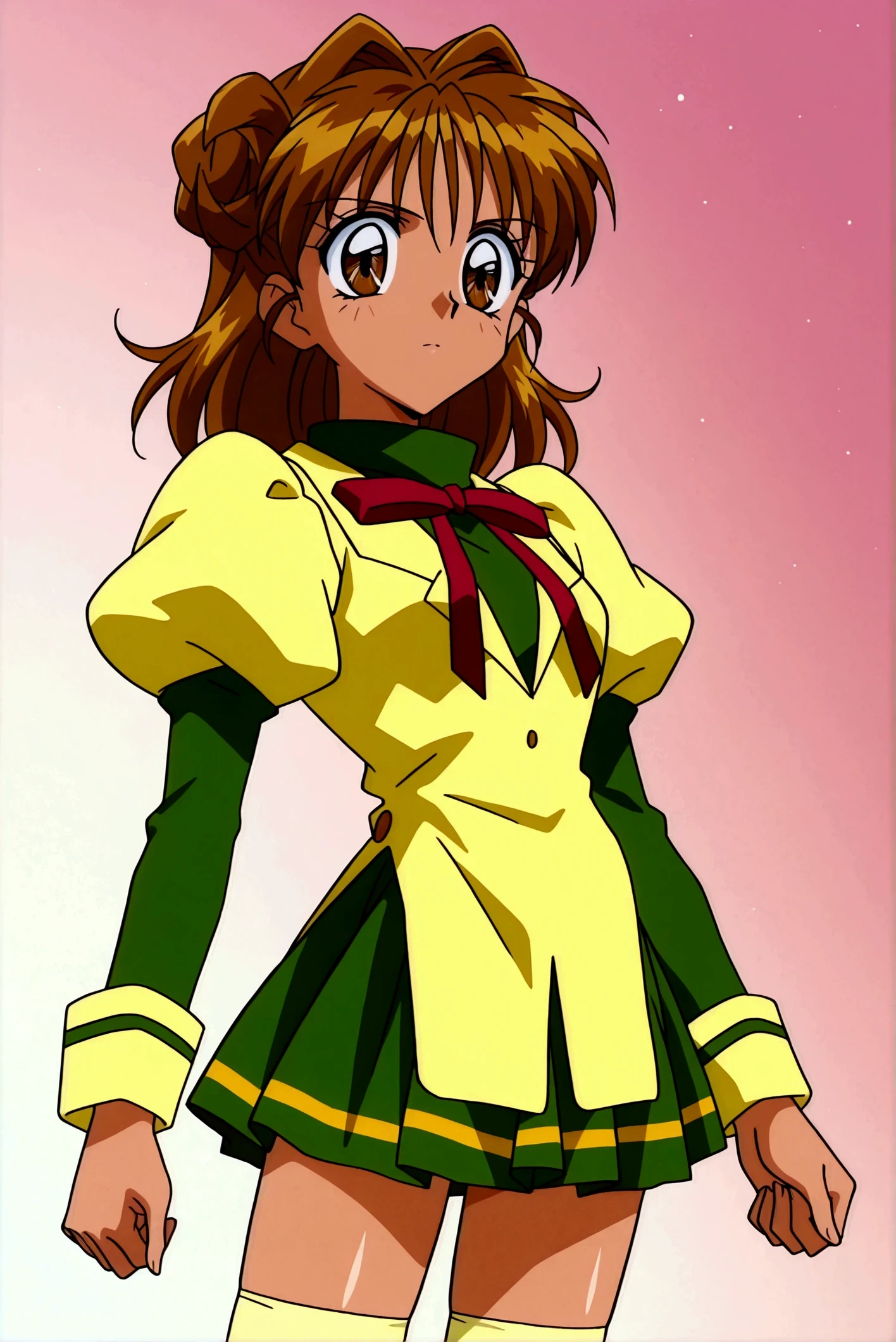 score_9,score_8_up,score_7_up,score_6_up,score_5_up,score_4_up,source_anime,(solo:1.5), masterpiece,highest quality,Super detailed,8k,High resolution,an extremely delicate and beautiful,Official Art,Perfect Anatomy,1990s \(style\),90s anime,90s anime style,retro artstyle,Cel-shaded anime,anime screencap,anime coloring,perfect face,beautiful,sexy,athletic body,shiny skin,(scale to fit the dimensions:1.2),
kmaron, 1girl, solo, brown eyes, brown hair, double bun, hair intakes, school uniform, red ribbon, juliet sleeves, puffy sleeves, beige thighhighs,