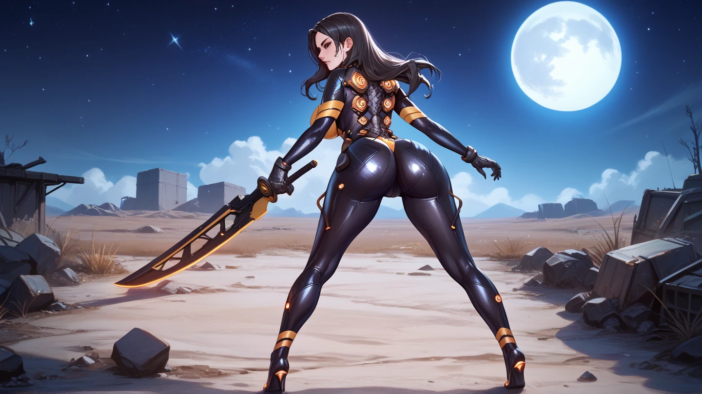 high quality, 4K, masterpiece, Beautiful, cyborg girl, cowboy shot, dull eyes, rear, I turn around, to look at the viewer, long светлые волосы, girl, , suitable for thigh, robotic weapons, robotic body, cyborg body, yellow accent, editorial, complex part, compound, detailed lines, Robotic part, raising your fist, holding your hand like a fist, colored robotic parts, robotic parts with color, perfect fingers, on a desert planet, Solar background, colorful desert,,((masterpiece, top quality)), detailed face, masterpiece, Best quality, 1 adult woman, female focus, One, dark black hair, Bright red eyes, long волосы, Looking at the viewer, closed mouth((1 drow dark knight)), heavy night mare battle armor, shillien knight, Sword and shield, gray skin, Best quality, masterpiece, A high resolution,,Create adorable art, вдохновленный Lineage 2, with the image of a female dark elf, known as the ghost knight. The stage must convey her elegance and deadly prowess, highlighting Lineage 2&#39;s unique aesthetic. She must have sharp elven features, long, flowing silver hair, piercing blue eyes and pointed ears. Her outfit should be dark, smooth armor and mystical elements, decorated with intricate patterns and glowing runes. She is in a dynamic, action-oriented posture, holding double daggers with an unearthly glow. The background should be a dark mystical forest or an ancient ruined temple with a moonlit sky, casting an eerie glow. T, imaginative art of Lineage 2, with bright flowers, Dramatic lighting, depth of field, natural soft light, professional lighting, (highly detailed leather: 1. 2)、Photorealistic anime render、Bright highlights of the eyes、Ideal ???????、Romance is open、dampness、8K resolution、complex parts, 8K resolution, complex parts, Thin waist, Wide buttocks, eff