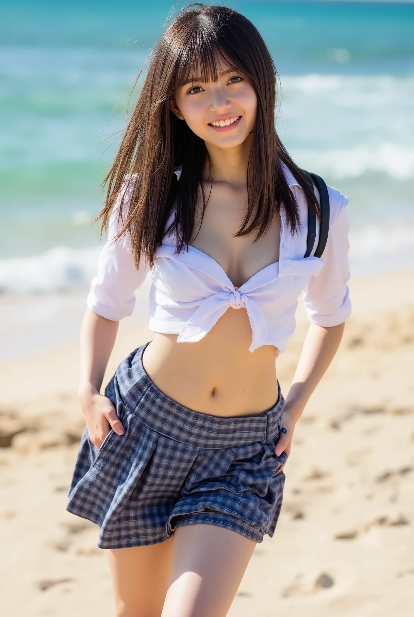 1girl, high resolution, best quality, ((with bangs, medium long hair)), mini skirt, cleavage cutout, smiling, (belly button visible), (((full body image))), beach, midsummer, beautiful detailed eyes, beautiful detailed lips, extremely detailed face and features, long eyelashes, intricate details, photorealistic, 8k, HDR, studio lighting, physically-based rendering, vivid colors, warm color palette, golden hour lighting, sunlight, ocean waves, sandy beach, palm trees