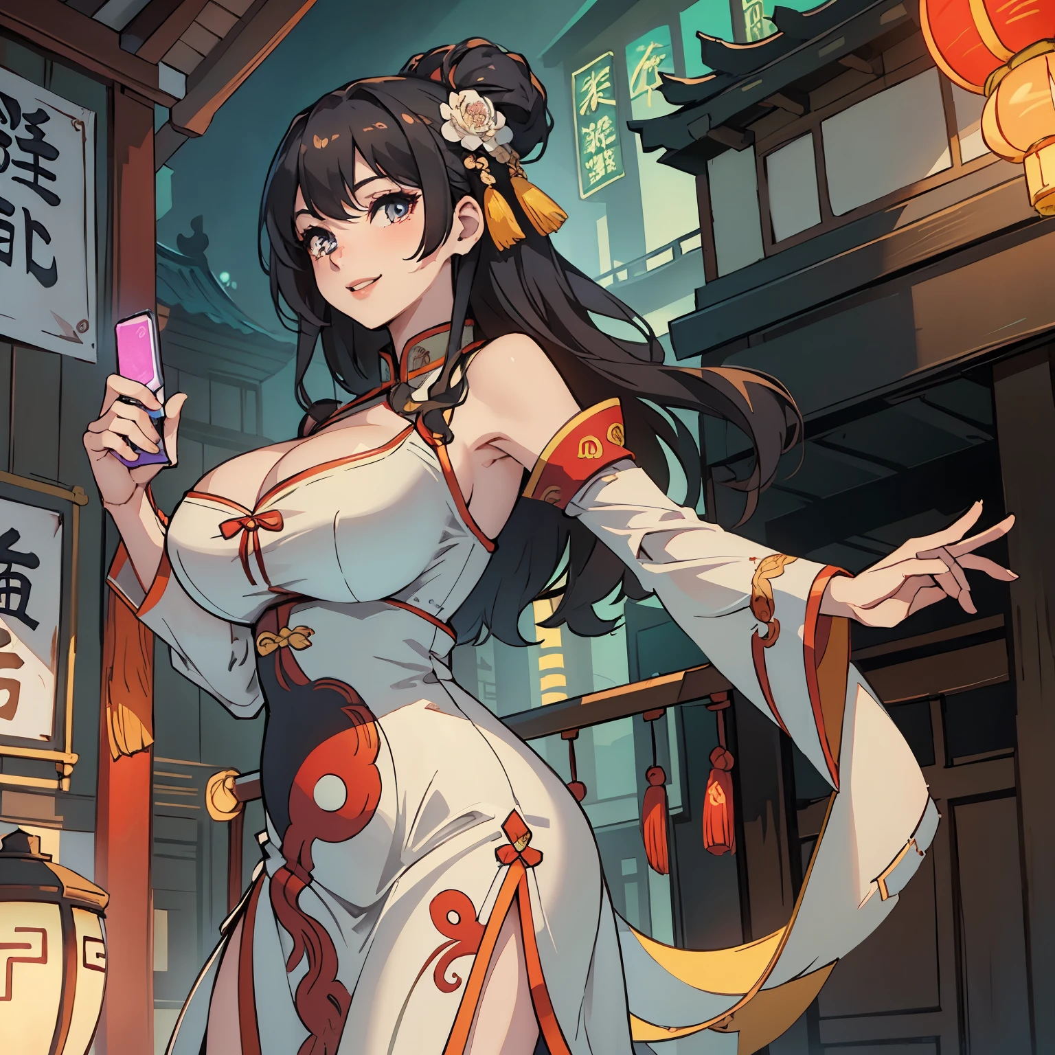 Kpop idol: 1.2, mix4, 1 Korean girl, 14 years old, (light eyebrows: 1.4), shiny brown eyes, bun head, tied two braids, ancient city, Chinese temple, high mountain, beautiful detail sky, street (crowd:1.2), night, (nose blush), hanfu, happy, smile, cleavage showing her nipples, her crotch , vagina visible