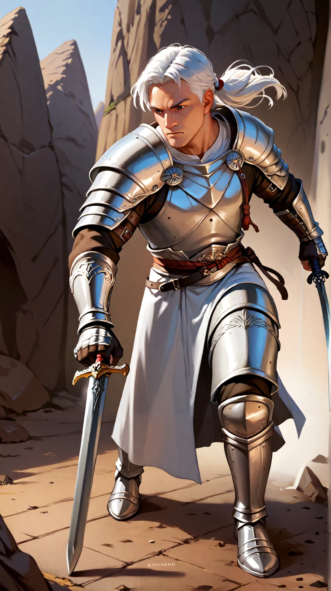 Create a man at the age of approximately 80, black-eyed, With big and white beards, long white hair , wearing silver armor, fighting with swords against an enemy