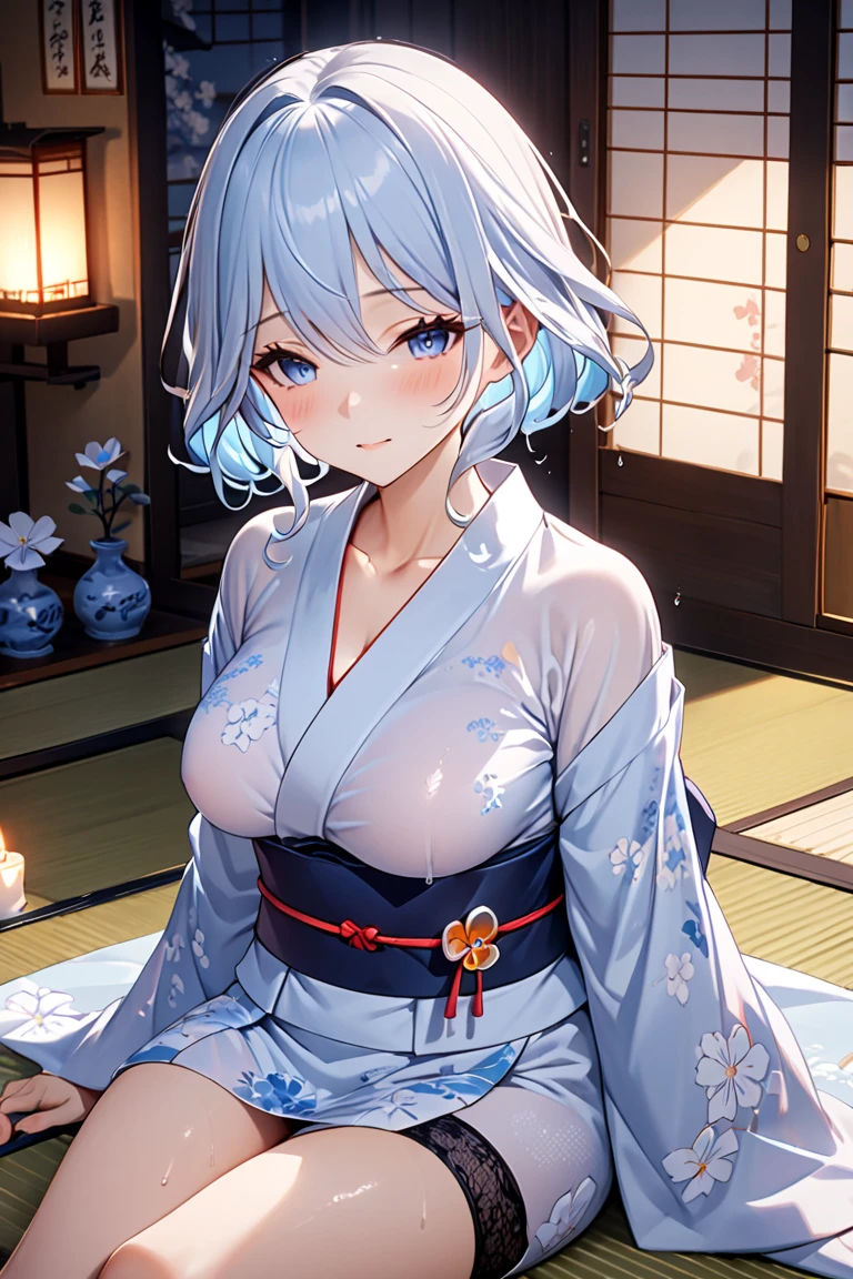 (shiny gray hair),(fluffy hair with curls:1.2),(Light blue eyes),(With bangs),Slight red tide,(Japanese clothes with open chest:1.4),(Enveloping the body:1.45),(my body is a gift:1.2),(Kimono with lace 1.3),(on the beds:1.65),(your eyes are shining like stars:1.5),(Kadomatsu and oranges),(Japanese-style room with tatami mats),(Fluffy Accessories),(accessories like flowers and crystals:1.3),(Eye size:1.7),(face that seems to cry),(Unfocused eyes:1.2),(hypnotism),(pov from down:1.5),(Expression of pleasure and pleasure:1.3),(cowgirl:1.4),(両股を大きく広げてvaginalが見える:1.5),(vaginal:1.3),NSFW,(AHE Face:1.3),(climax:1.4),(ecstacy),(vaginalのサイズ:1.5),(reclined:1.45),(cum shots:1.4),(insertion:1.35),(SEX),
