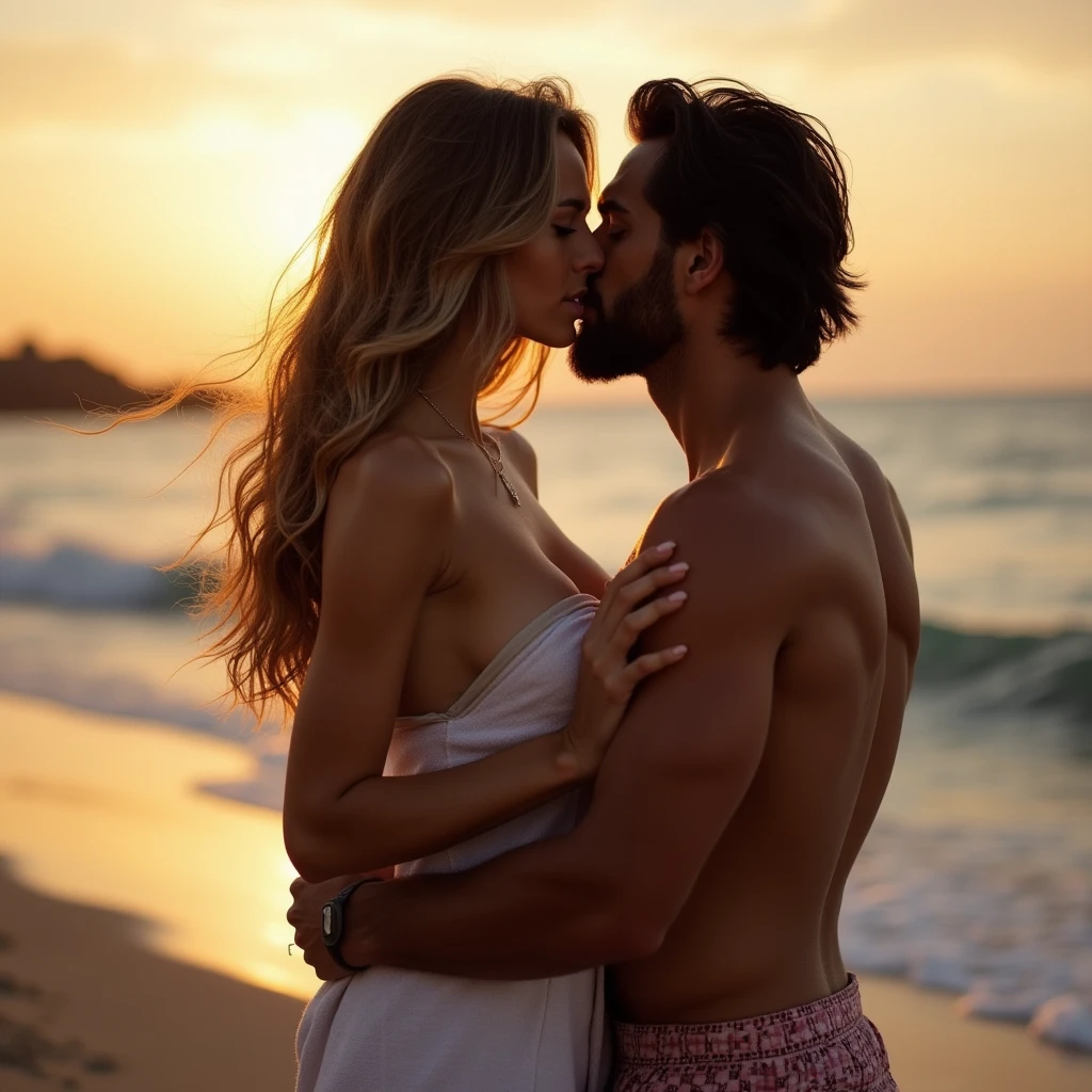 A very sexy blonde long-haired woman and a man are making love, beach, outside, sunny weather, sea, sand
