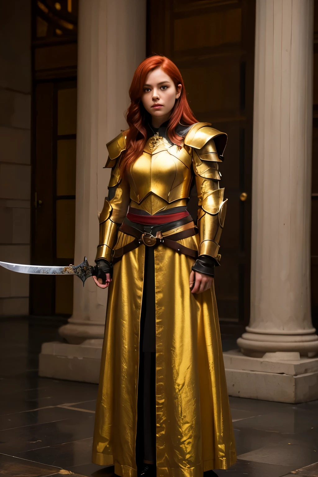   high resolution,   high quality ,  Redheaded Beauty ,   Wearing、Holding a shining holy sword with both hands、Dim Labyrinth   ,  Golden Armor  , whole body,   from before ,  photos