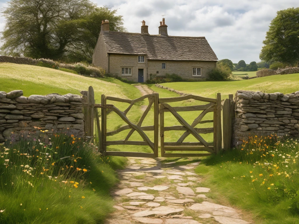 Wooden farm gate in the foreground on an old dry stone wall with grass and plants . foreground English country house and trees with a field in front with scattered wild flowers and a path to the door. atmospheric sky in the background . Hi res . realistic.