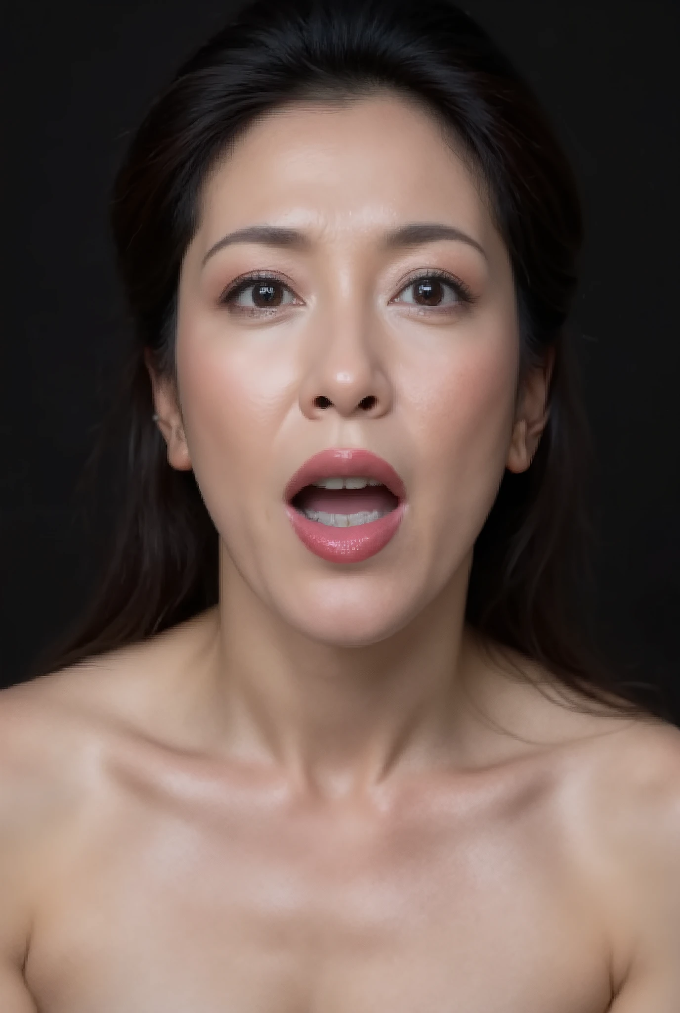 (Highest quality, Tabletop, 8k, Best image quality), great beauty, strapless bra, ((open mouth)), (The simplest pure black background:1.5), (Face close-up:1.6), Accentuate your body lines, Beautiful and exquisite, seductive Expression, (look straight at me), (stand upright facing forward:1.1), (Perfect Makeup:1.1), (Bright lipstick:1.1), Ultra-high definition beauty face, Ultra HD Hair, Closed Eyes:0.75, Ultra-high quality, vibrant and glossy lip color, Accurate anatomy, Very beautiful skin, Ultra high resolution and beautiful, Glowing Skin, An elegant upright posture when viewed from the front, Sweaty skin, Hot face, Damp Hair, Moist Skin