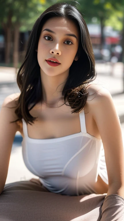 vivid,White floppy hat,Larger breasts,((between legs)),cute,(Detailed face),cloth,Sharp Eyes,Turtleneck sleeveless lightweight(White plastic)Clothes,Ultra-high resolution,(Photorealistic:1.7),Black long hair,Gray background,