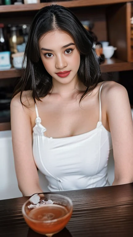 masterpiece, top quality, best quality,1girls,Korean, beautiful face, smile, long hair, 19 years old, Shift Dress, hills,(Casual Hairstyle, plum bossom:1.2),   (Detailed white camisole short vest 1.1), Full body、Oval face,Phoenix Eyes，Eyebrow，  full body view, sunset,White shoes (huge, saggy breast),(sexy pose),