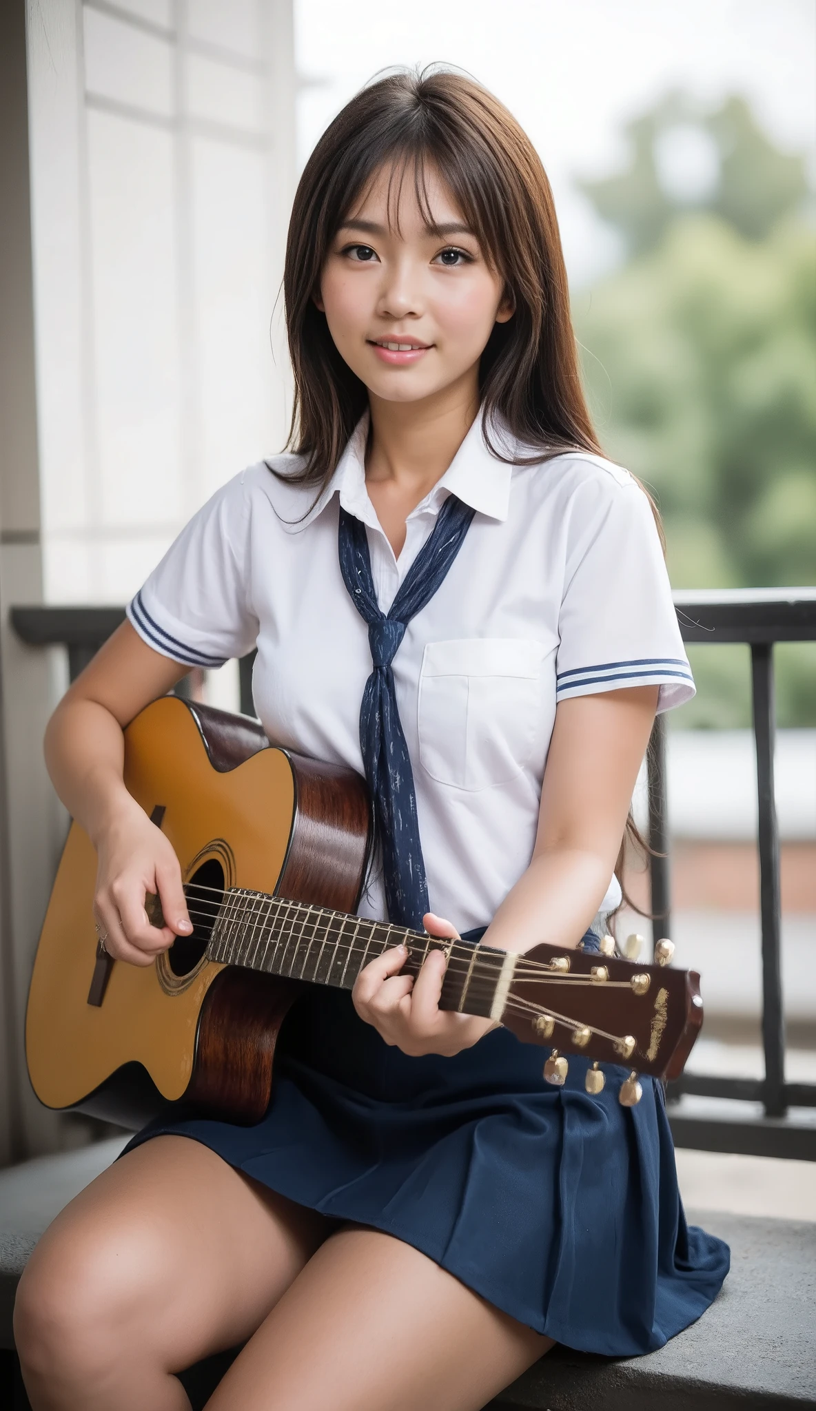 Top Quality , ultra high definition , girl ,1 person, whole body ,ผมดำ, Looks so cool., smiling for camera ,Look into the camera,beautiful skin , High school uniform Stripes , tied, small breasts, square skirt , after-school class ,Guitar sitting position on the balcony