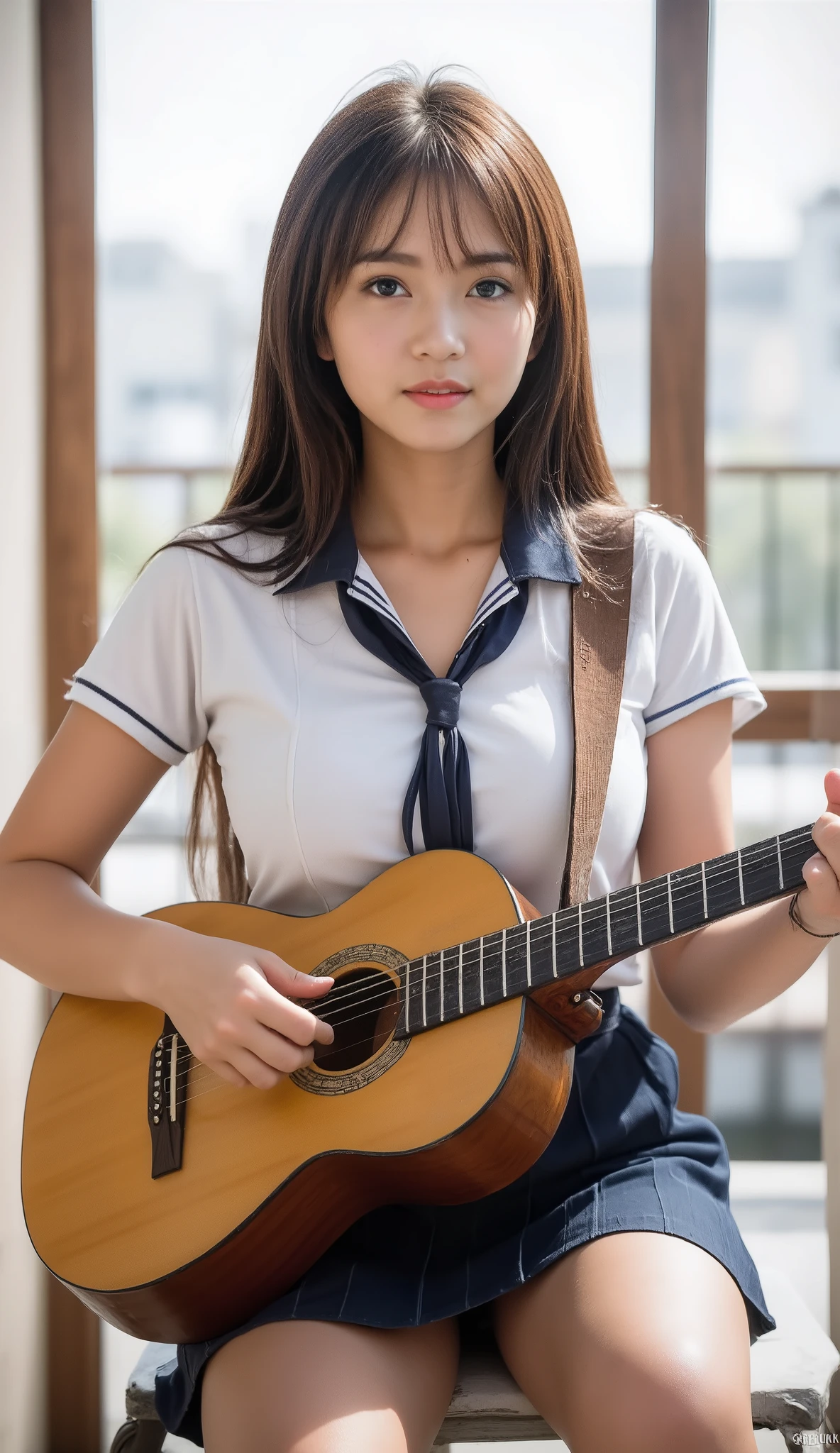 Top Quality , ultra high definition , girl ,1 person, whole body ,ผมดำ, Looks so cool., smiling for camera ,Look into the camera,beautiful skin , High school uniform Stripes , tied, small breasts, square skirt , after-school class ,Guitar sitting position on the balcony