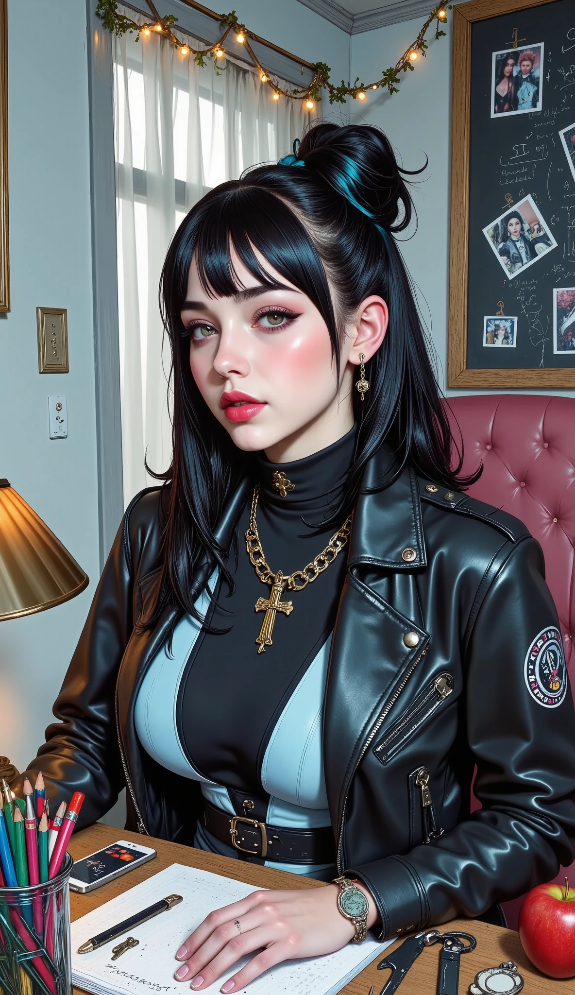 a general shot of a young woman modern and fun clothes, with loose black hair and cyan highlights , has part of her hair tied up with a somewhat unkempt and fluffy bun , earrings with rings , makeup red and fleshy lips , abundant and long false eyelashes , look sensual style Comic sitting at a desk with a designer lamp on her left side she is writing on her notebook, on the desk there is a container with pens , pencils, a scissors , you can see keys a cell phone , An apple, in the background there is a blackboard , with photographs , And things written , a garland of lights and dried flowers , a curtain that moves with the wind , shade of the room faint , Beautiful comic art, neoartcore y charlie bowater, Charlie Bowater Style, graphic artist artgerm , comic style art, lois van rossdraws, Charlie Bowater and Artgerm , graphic novel art , in Charlie Bowater Style, beautiful artwork , artistic style Charlie Bowater