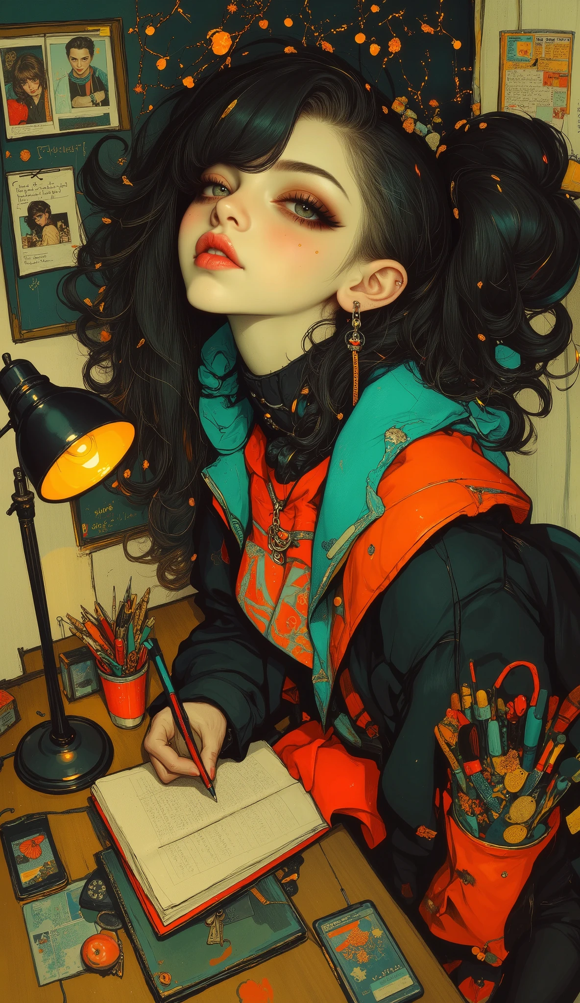 ((( Plan General :1.51) a general shot of a young woman modern and fun clothes, with loose black hair and cyan highlights , has part of her hair tied up with a somewhat unkempt and fluffy bun , earrings with rings , makeup red and fleshy lips , abundant and long false eyelashes , look sensual style Comic sitting at a desk with a designer lamp on her left side she is writing on her notebook, on the desk there is a container with pens , pencils, a scissors , you can see keys a cell phone , An apple, in the background there is a blackboard , with photographs , And things written , a garland of lights and dried flowers , a curtain that moves with the wind , shade of the room faint , Beautiful comic art, neoartcore y charlie bowater, Charlie Bowater Style, graphic artist artgerm , comic style art, lois van rossdraws, Charlie Bowater and Artgerm , graphic novel art , in Charlie Bowater Style, beautiful artwork , artistic style Charlie Bowater , ( best quality,4k,8K,alta resolución, masterpiece:1.2), ultra Detailed , sharp focus,(realistic,photorealistic,photo-realistic:1.37), very detailed face , extremely detailed facial features ,hyper realistic skin texture, Extremely fine details ,intricate details, detailed eyes,Detailed nose, detailed lips, detailed facial expressions ,Intricate facial anatomy, intense lighting, dramatic lighting, changing lighting , cinematic lighting ,chiaroscuro lighting, dramatic shadows ,dramatic moments, vivid colors,intense colors,Deep contrast, cinematic depth of field , film composition, motion picture camera angle