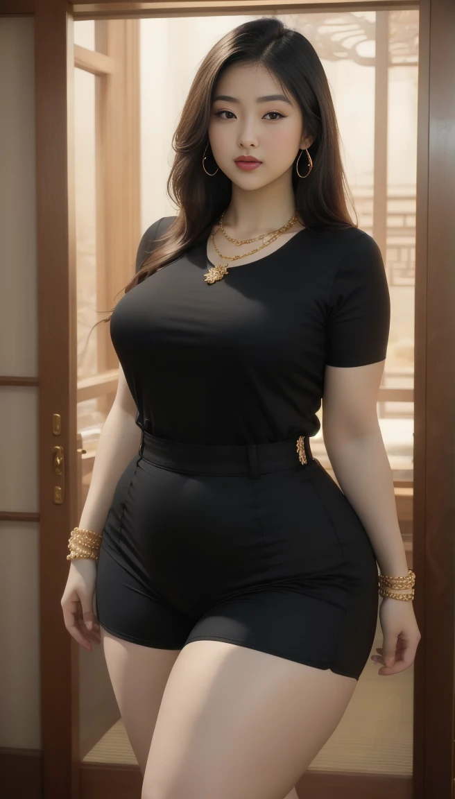 There is a woman taking a picture wearing a black shirt and gold shorts., beautiful Thick female, Tsk tsk tsk, wide hips, Thick thighs, attractive plus size model, Rubenesque, Thick legs, big thighs, plus size women, 가장 wide hips, Thick body, Thick, Attractive hourglass shape, Attractive models, Arabian-Japanese Goddess , Beautiful attractive woman, slightly fat arms , Equip 5 bracelets, Wear 3 diamond necklaces