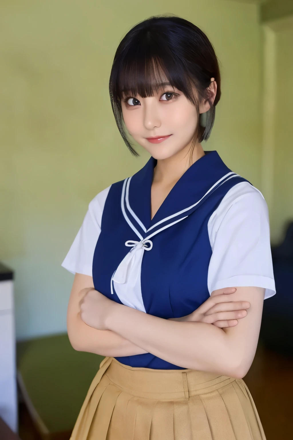 top quality, in a Japanese-style room and the focus is on the face , Soft light, super high resolution, ( photorealistic :1.4), loop , 1 Japanese Girl , alone, cute, ( embarrassing smile:0.5), ( brown eyes, light in the eye), detailed and beautiful face, ( small breasts), ( High resolution realistic human skin texture), ( short bob), break, come , navy blue sailor suit , vest, skirt