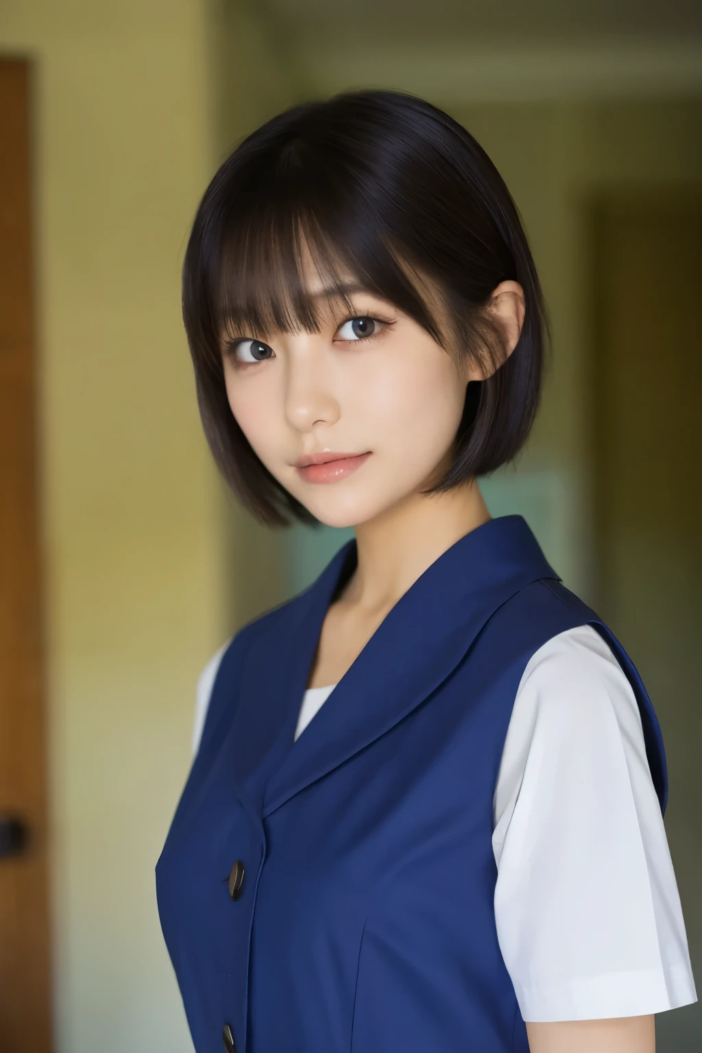 top quality, in a Japanese-style room and the focus is on the face , Soft light, super high resolution, ( photorealistic :1.4), loop , 1 Japanese Girl , alone, cute, ( embarrassing smile:0.5), ( brown eyes, light in the eye), detailed and beautiful face, ( small breasts), ( High resolution realistic human skin texture), ( short bob), break, come , navy blue sailor suit , vest, skirt