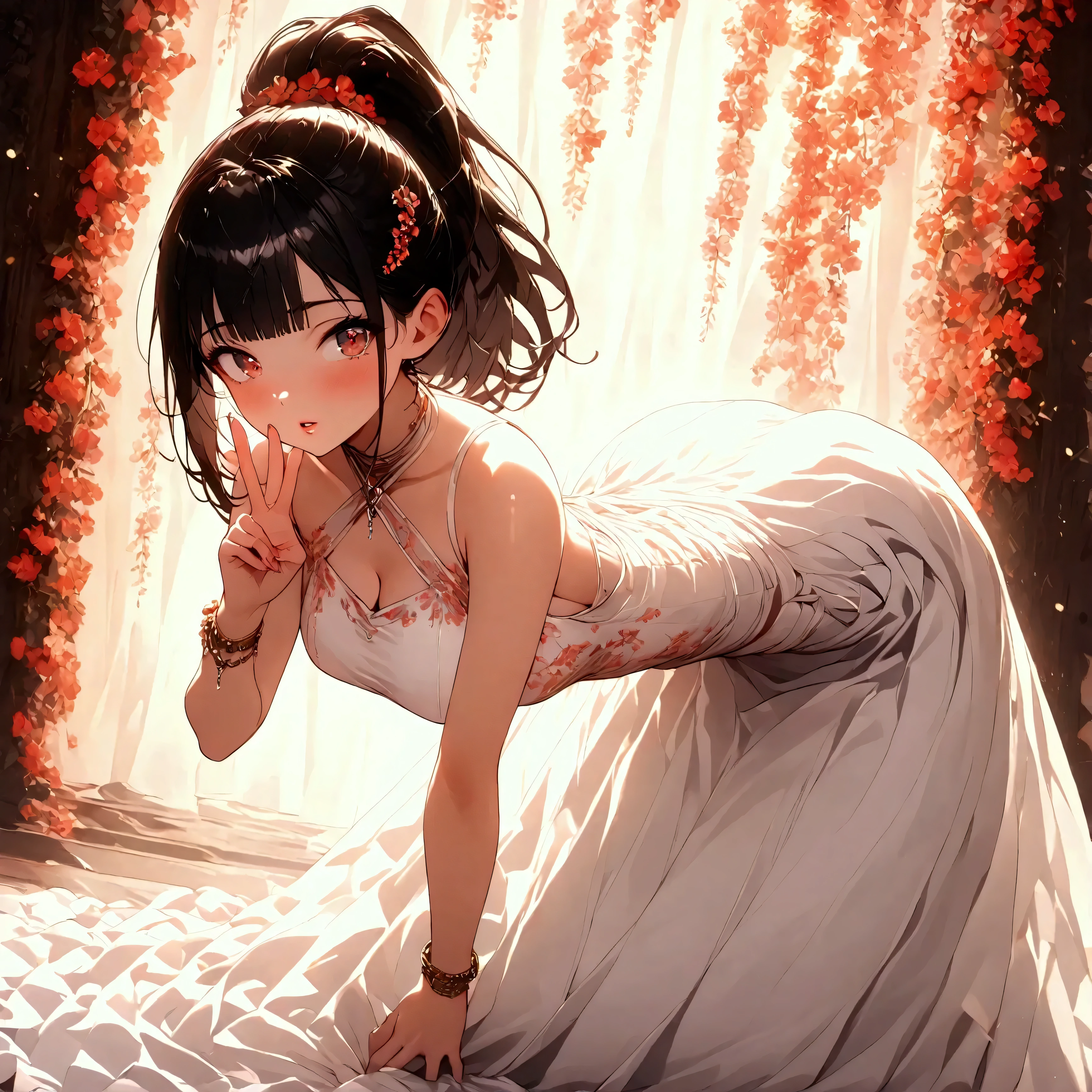 (beautiful girl:1.3),1girl,masterpiece,Highest quality,Ultra-high resolution,rich contrast,super high quality,8k,Highly detailed CG unit wallpaper,texture,Incredibly absurd,Ultra-high resolution,Highest quality anime,professional photograph,an extremely delicate and beautiful,RAW Photos,Depth of Field 1.2,ultra-detailed eyes,Glitter Effect,Beautiful glossy lips, 25years old, gorgeous legs, noise perfect, gorgeous ass, dynamic pose, sensual woman, seductive woman, mature woman, Milf, maternal, shy look, full body, beautiful glossy lips, VanellopevonS, black hair, ponytail hair, hair ornament, striped pantyhose, brown eyes, Vanellope von Schweetz, (type of photo: medium shot, portraying the person from head to waist), Boho Set (Adventure and Freedom): Top: Sleeveless linen blouse in terracotta tone with floral embroidery in white thread, with a "V" shaped neckline and thin straps.
    Bottom: Long skirt with a wrap-around cut, with a multicolor ethnic print in warm tones (red, orange and yellow). The skirt has a lace fringe at the bottom edge.
    Shoes: Brown leather sandals with thin straps and beaded details. Accessories: Wooden bracelets, silver rings and a straw bag with leather details.
