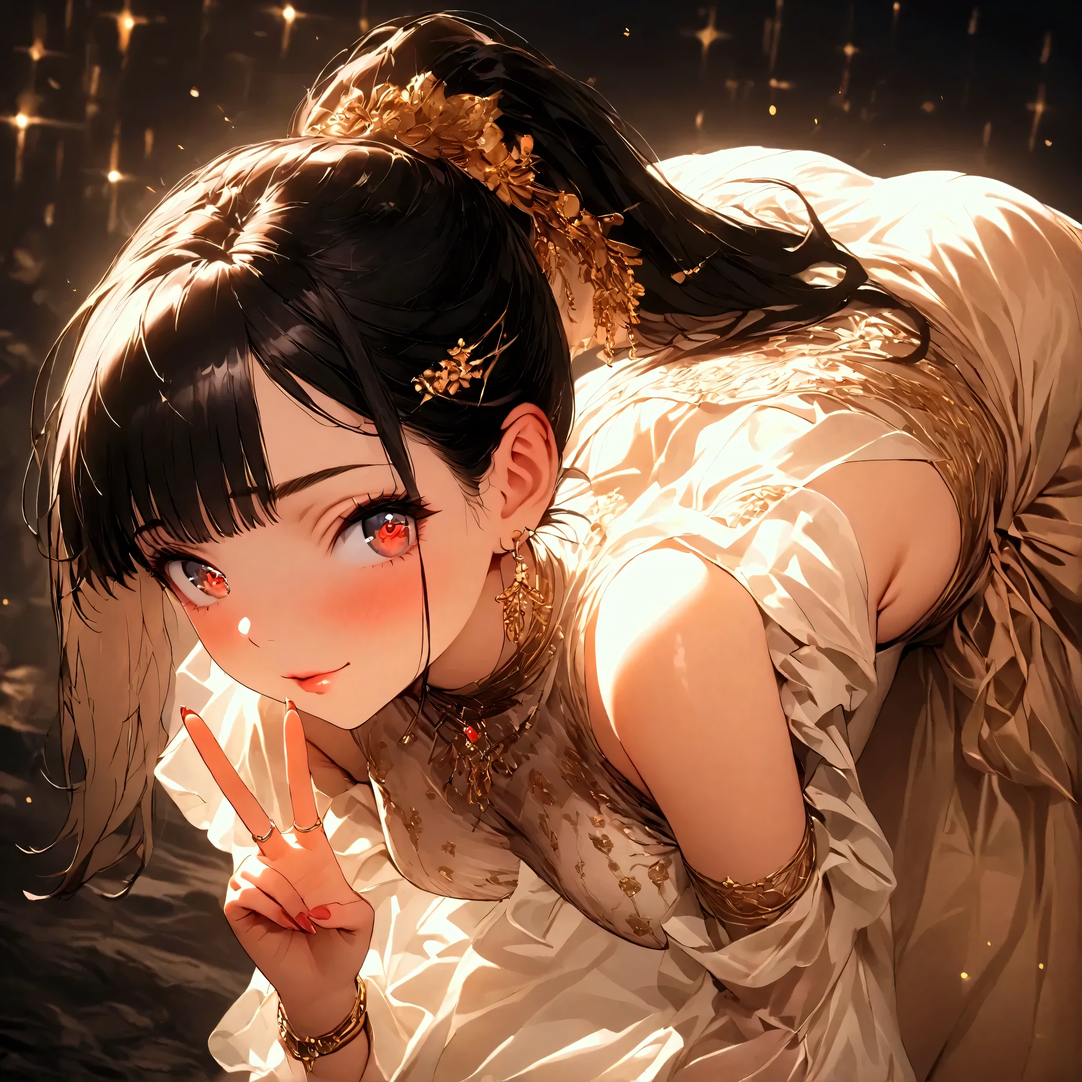 (beautiful girl:1.3),1girl,masterpiece,Highest quality,Ultra-high resolution,rich contrast,super high quality,8k,Highly detailed CG unit wallpaper,texture,Incredibly absurd,Ultra-high resolution,Highest quality anime,professional photograph,an extremely delicate and beautiful,RAW Photos,Depth of Field 1.2,ultra-detailed eyes,Glitter Effect,Beautiful glossy lips, 25years old, gorgeous legs, noise perfect, gorgeous ass, dynamic pose, sensual woman, seductive woman, mature woman, Milf, maternal, shy look, full body, beautiful glossy lips, VanellopevonS, black hair, ponytail hair, hair ornament, striped pantyhose, brown eyes, Vanellope von Schweetz, (type of photo: medium shot, portraying the person from head to waist), Boho Set (Adventure and Freedom): Top: Sleeveless linen blouse in terracotta tone with floral embroidery in white thread, with a "V" shaped neckline and thin straps.
Bottom: Long skirt with a wrap-around cut, with a multicolor ethnic print in warm tones (red, orange and yellow). The skirt has a lace fringe at the bottom edge.
Shoes: Brown leather sandals with thin straps and beaded details. Accessories: Wooden bracelets, silver rings and a straw bag with leather details.