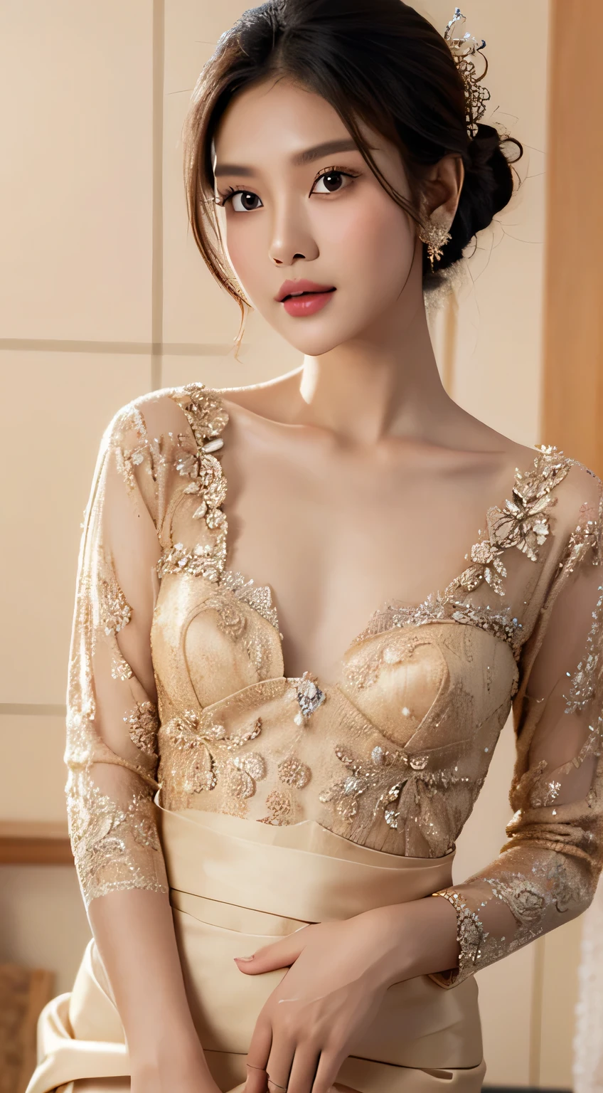 myth,argent,kebaya,Scroll,batik,sleeveless, treasure,universe, face the camera, smile, 19 year old girl, cute girl, beautiful girl, indonesian model, white healthy skin, delicate eyes, tied-up hair, ethnic earrings, gold tiara, full body photo, realistic hands, realistic fingers, detailed hands, detailed fingers, (sexy body:1.2), (slim waist:1.2), product photo shot, holding a tiny serum bottle