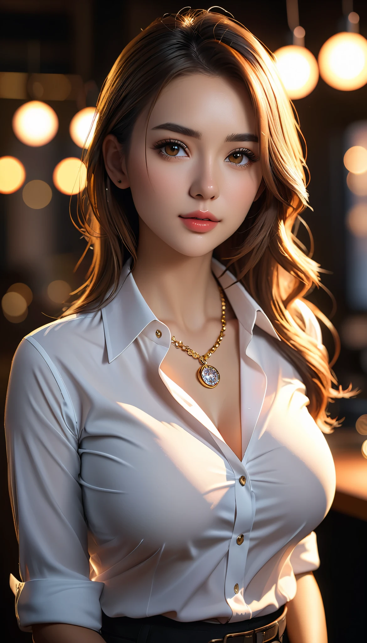 best quality, masterpiece, High resolution, a girl, Mens white collar shirt, necklace, jewelry, pretty face, big breasts, more than_Body, Tyndall effect, lifelike, dark studio, edge lighting, two-tone lighting, (HD skin: 1.2), 8K Ultra HD, SLR camera photo, soft light, high quality, Volumetric lighting, frank, photography, super high resolution, 8K, Bokeh, shallow depth of field