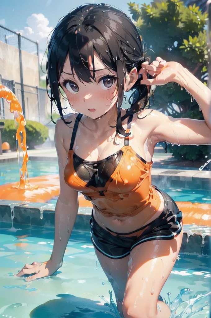 Orange swimsuit((Orange camisole,Navy blue piping),(ぬるぬる液体でSoaking wet)),(Navy blue shorts),(A pool of slippery lotion),(Soaked with slimy liquid),Black Hair,Are standing,One beautiful girl,Big Breasts,Camisoles are available in any color other than navy blue,Shorts must be any color other than orange,Leaning forward,Cute eyes,Sulky face,((ぬるぬるローションでSoaking wet(Sexy))),Low Ponytail,Covered in slimy lotion(Sexy,Soaking wet,Shiny),