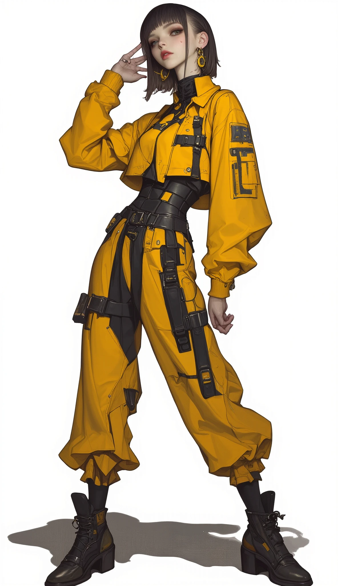  a woman dressed in a yellow suit posing for a photo,  photograph of a woman in technological clothing ,  cargo pants.  CYBERPUNK CITY, Yellow spacesuit, yellow mono, Female main character, Cyberpunk 20 years. or Model Girl , Renderizado 3D, character art, 8K, Loba Andrade from Apex Legends, cyberpunk costume, fashion illustration cypherpunk ,  official character art ,  black background