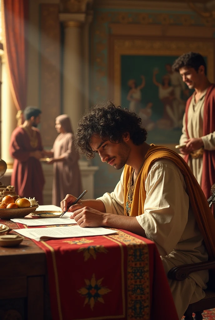 : Joseph working in Potiphar's house, surrounded by riches and opulence. He's focused on his work, while Potiphar watches. Golden and rich colors reflect the luxury of the environment.