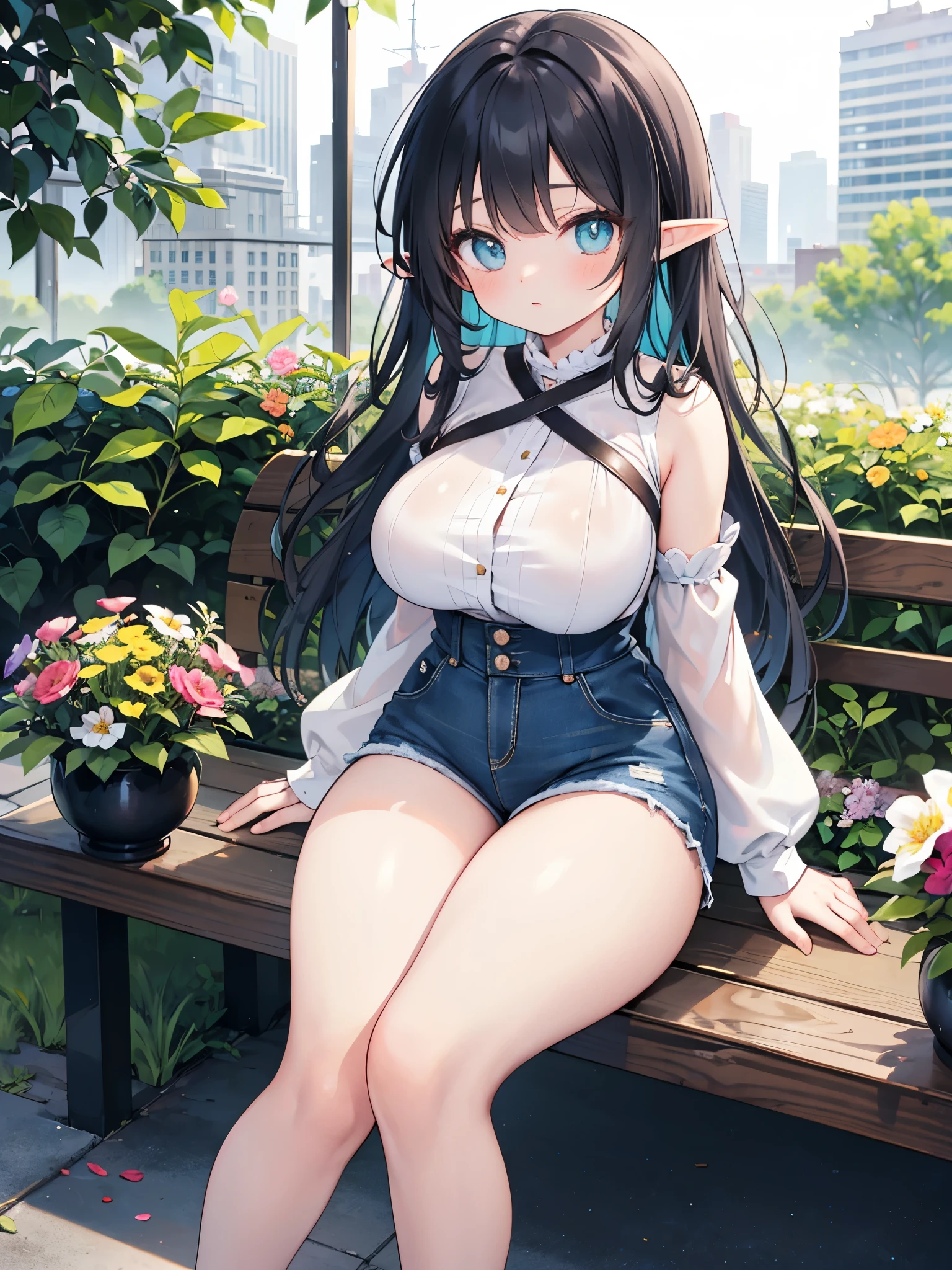 Realistic and detailed image of an elf. with a ninja costume with pleated miniskirt. stockings to mid-thigh. Sportwear sneakers. Unusually shiny long silky black hair combed to the right side. turquoise eyes. She has earrings and long eyelashes. Large breasts, slim waist, very wide hips and thick thighs. Back arched. Kneeling. Posing sensually. Autumn. falling leaves. misty night. garden next to a mansion. Volumetric light. Ambient light.