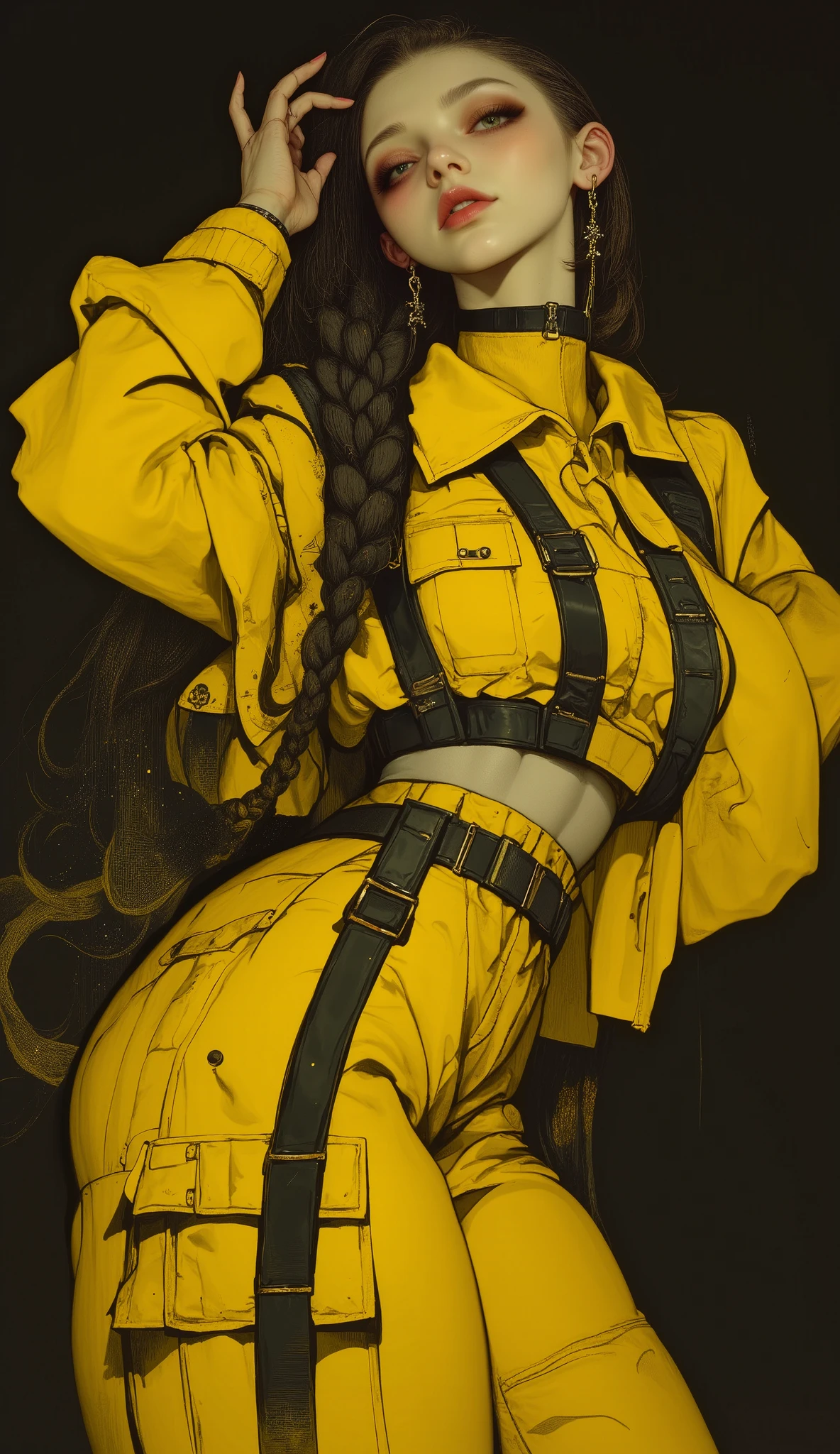 a woman dressed in a yellow suit , wide pants with long black belts , she carries a hand to her head , as if accommodating her hair , She has a very long braid , pose of dynamic and sensual action posing for a photo, photograph of a woman in technological clothing , cargo pants. CYBERPUNK CITY, Yellow spacesuit, yellow mono, Female main character, Cyberpunk 20 years. or Model Girl , Renderizado 3D, character art, 8K, Loba Andrade from Apex Legends, cyberpunk costume, fashion illustration cypherpunk , official character art , black background