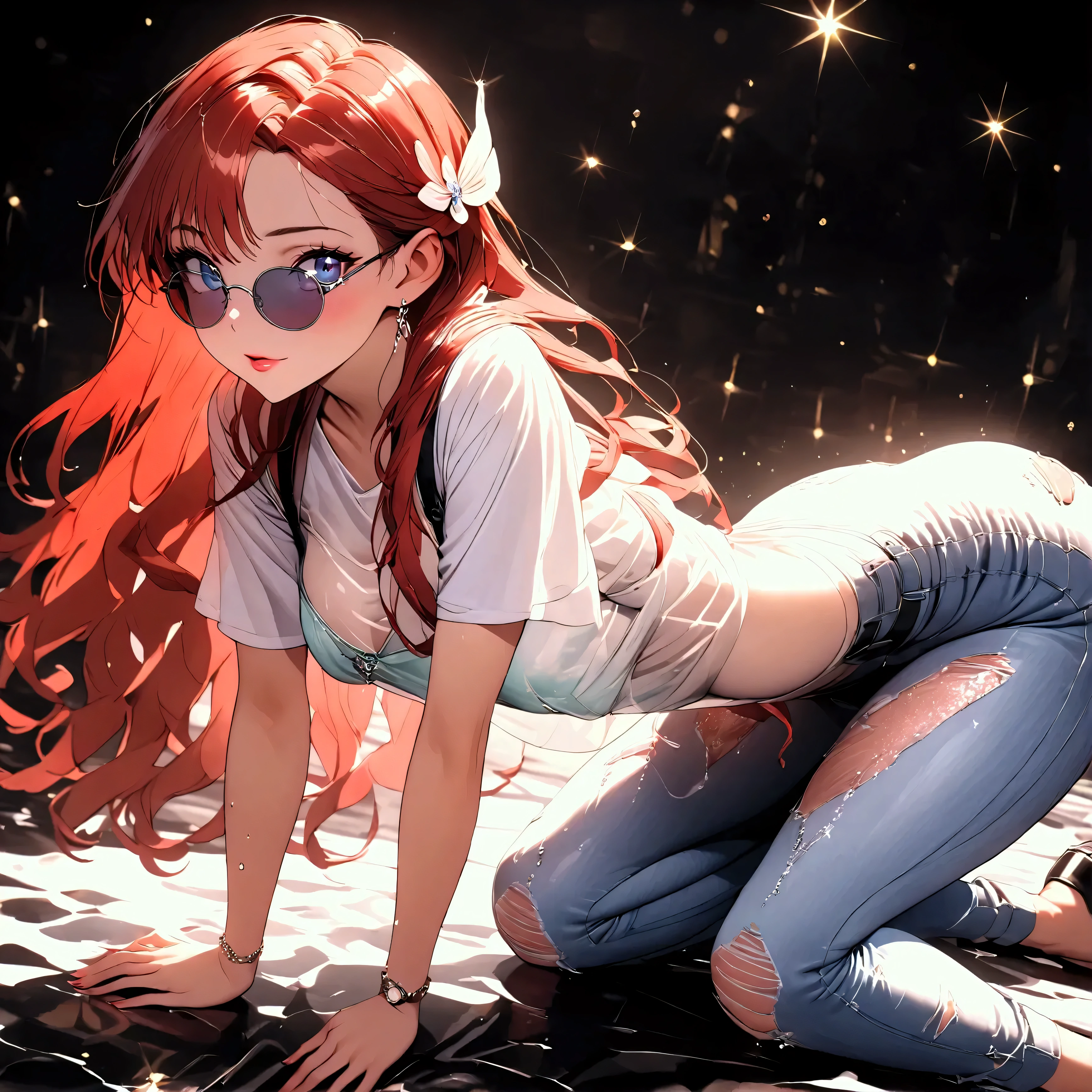(beautiful girl:1.3),1girl,masterpiece,Highest quality,Ultra-high resolution,rich contrast,super high quality,8k,Highly detailed CG unit wallpaper,texture,Incredibly absurd,Ultra-high resolution,Highest quality anime,professional photograph,an extremely delicate and beautiful,RAW Photos,Depth of Field 1.2,ultra-detailed eyes,Glitter Effect,Beautiful glossy lips, 25years old, gorgeous legs, noise perfect, gorgeous ass, 1girl, gorgeous ass, dynamic pose, sensual woman, seductive woman, mature woman, Milf, maternal, shy look, full body, DisneyAriel, 1girl, red hair, blue eyes, long hair, princess Ariel the little mermaid, (type of photo: medium shot, portraying the person from head to waist), Casual Chic Set (Urban Style): Upper: Light gray oversized cotton T-shirt with an abstract artistic print in pastel tones. The neck is round and slightly elastic. Bottom: High-waisted, straight-cut jeans, worn at the thighs and subtly ripped at the knees. Shoes: White sports shoes, with metallic details on the sides. Accessories: Large sunglasses, black leather backpack and a minimalist watch.