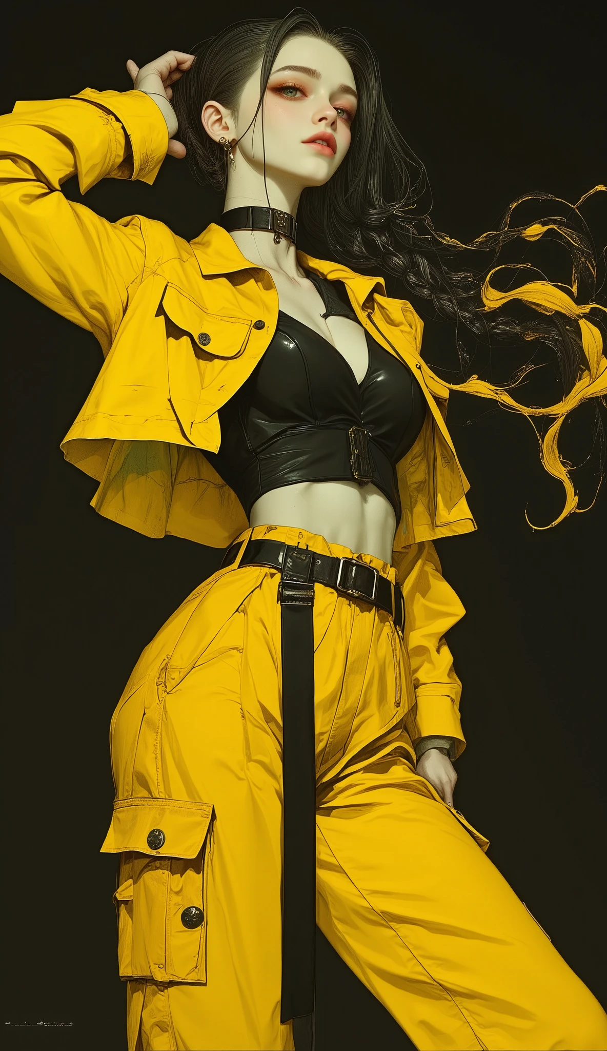 a woman dressed in a yellow suit , wide pants with long black belts , she carries a hand to her head , as if accommodating her hair , She has a very long braid , pose of dynamic and sensual action posing for a photo, photograph of a woman wearing technological clothing , cargo pants. CYBERPUNK CITY, Yellow spacesuit, yellow mono, Female main character, Cyberpunk 20 years. or Model Girl , Renderizado 3D, character art, 8K, Loba Andrade from Apex Legends, cyberpunk costume, fashion illustration cypherpunk , official character art , black background