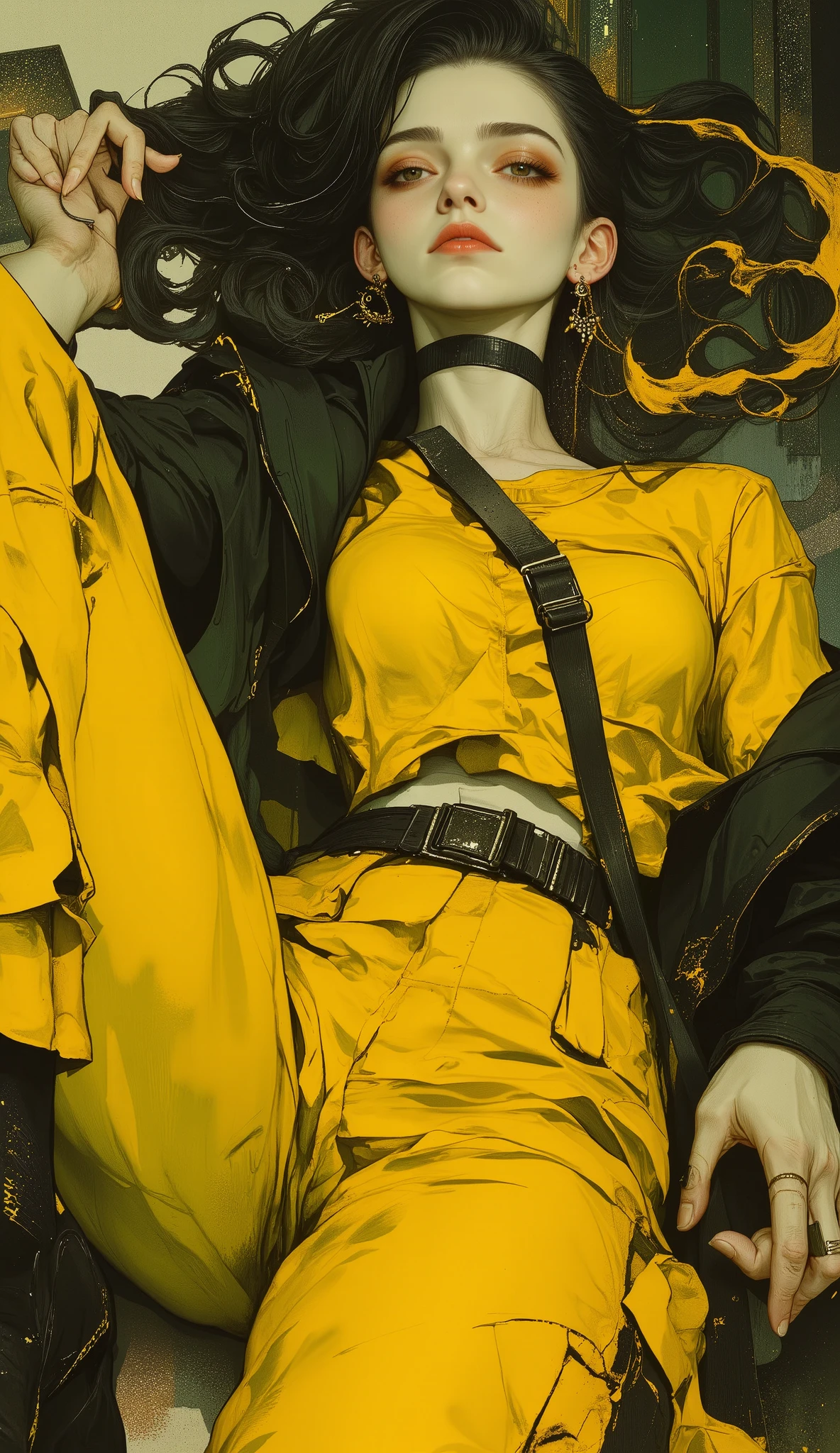 a woman dressed in a yellow suit , wide pants with long black belts , she carries a hand to her head , as if accommodating her hair , She has a very long braid , pose of dynamic and sensual action posing for a photo, photograph of a woman in technological clothing , cargo pants. CYBERPUNK CITY, Yellow spacesuit, yellow mono, Female main character, Cyberpunk 20 years. or Model Girl , Renderizado 3D, character art, 8K, Loba Andrade from Apex Legends, cyberpunk costume, fashion illustration cypherpunk , official character art , dark callejon background, comic style art, lois van rossdraws, Charlie Bowater and Artgerm , graphic novel art , in the style of Charlie Bowater , beautiful artwork , artistic style Charlie Bowater , ( best quality,4k,8K,alta resolución, masterpiece:1.2), ultra Detailed , sharp focus,(realistic,photorealistic,photo-realistic:1.37), very detailed face , extremely detailed facial features ,hyper realistic skin texture, Extremely fine details ,intricate details, detailed eyes,Detailed nose, detailed lips, detailed facial expressions ,Intricate facial anatomy, intense lighting, dramatic lighting, changing lighting , cinematic lighting ,chiaroscuro lighting, dramatic shadows ,dramatic moments, vivid colors,intense colors,Deep contrast, cinematic depth of field , film composition, motion picture camera angle