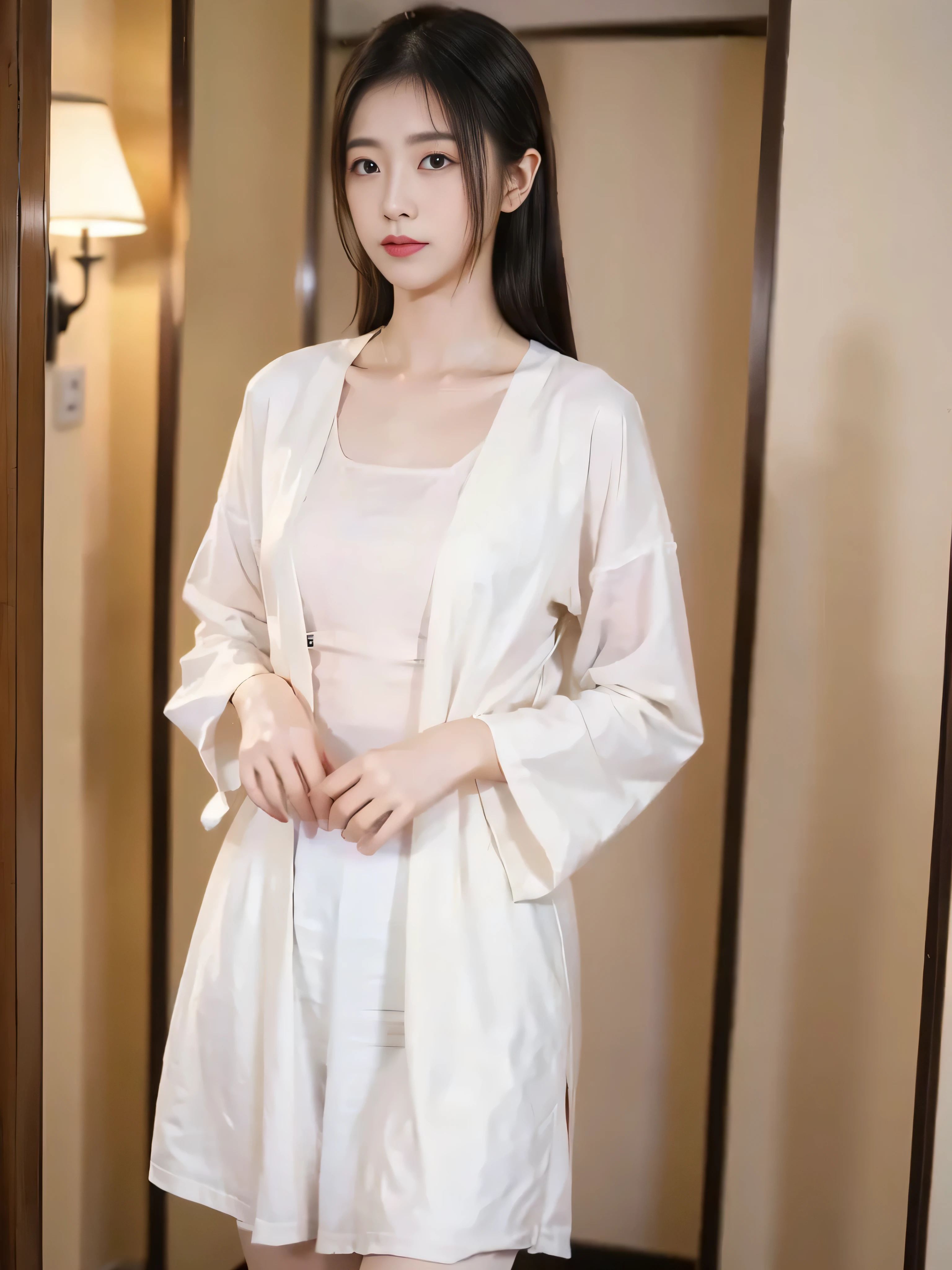 a beautiful girl,Medium-length hair, full chest ,A beautiful girl with a clear body outline , simple clothes