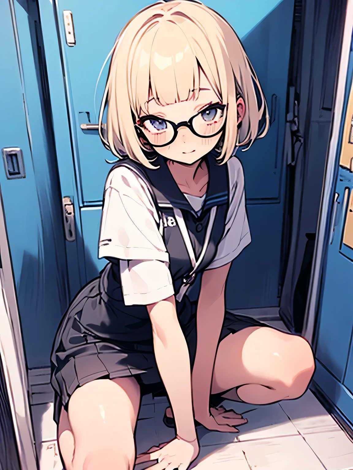 Highest quality、Complete limbs、Full Finger、Slender beauty、In a wheelchair、Belted boots、Black knee pads、Straight Hair、short hair、Blonde Short、School Swimsuit、Small eyes、clinic