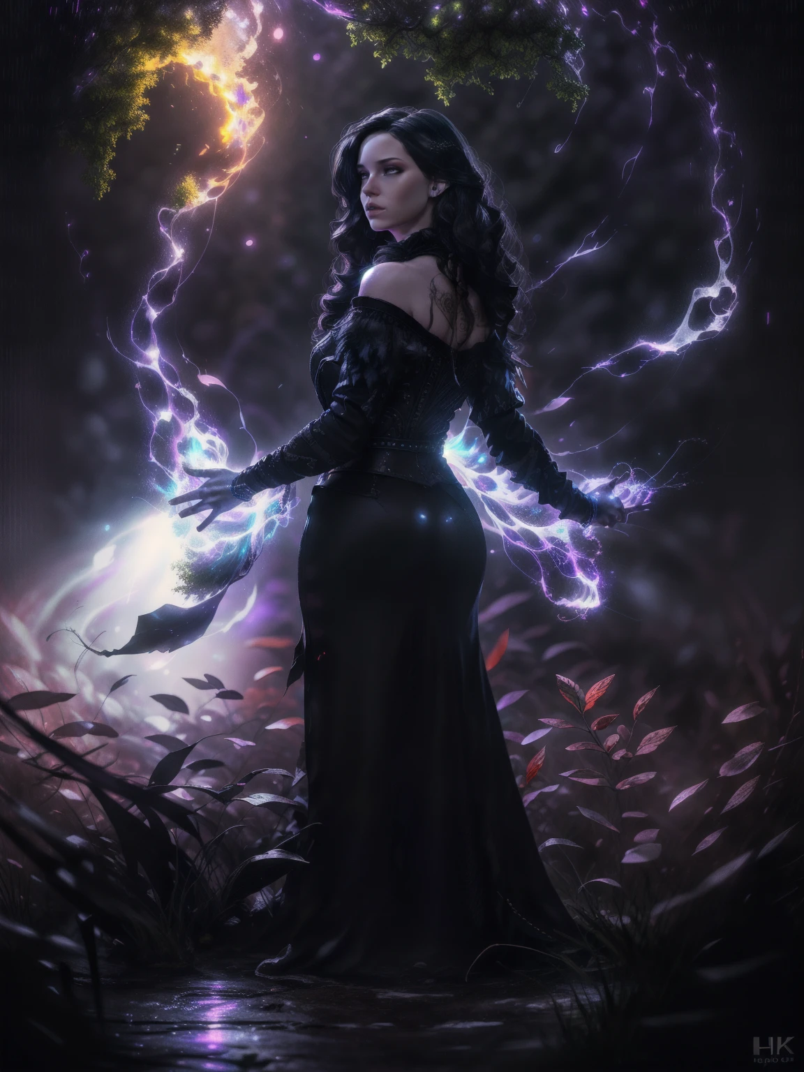 a beautiful woman with long dark hair, piercing violet eyes, sharp features, pale skin, ornate black and purple dress, standing in a magical forest with mystical glowing plants and floating particles, dramatic lighting, ethereal atmosphere, cinematic composition, fantasy art style, digital painting, (best quality,4k,8k,highres,masterpiece:1.2),ultra-detailed,(realistic,photorealistic,photo-realistic:1.37),HDR,UHD,studio lighting,ultra-fine painting,sharp focus,physically-based rendering,extreme detail description,professional,vivid colors,bokeh, backwards, looking back