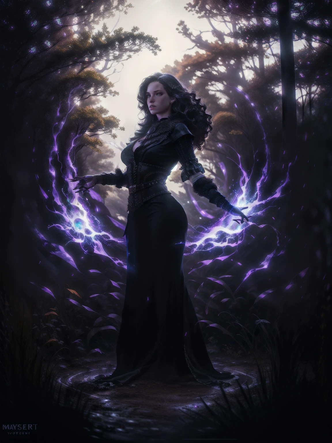a beautiful woman with long dark hair, piercing violet eyes, sharp features, pale skin, ornate black and purple dress, standing in a magical forest with mystical glowing plants and floating particles, dramatic lighting, ethereal atmosphere, cinematic composition, fantasy art style, digital painting, (best quality,4k,8k,highres,masterpiece:1.2),ultra-detailed,(realistic,photorealistic,photo-realistic:1.37),HDR,UHD,studio lighting,ultra-fine painting,sharp focus,physically-based rendering,extreme detail description,professional,vivid colors,bokeh, backwards, looking back