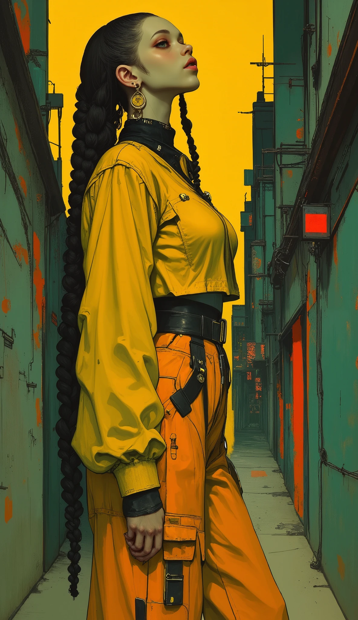 a woman dressed in a yellow suit , wide pants with long black belts , she carries a hand to her head , as if accommodating her hair , She has a very long braid , pose of dynamic and sensual action posing for a photo, photograph of a woman in technological clothing , cargo pants. CYBERPUNK CITY, Yellow spacesuit, yellow mono, Female main character, Cyberpunk 20 years. or Model Girl , Renderizado 3D, character art, 8K, Loba Andrade from Apex Legends, cyberpunk costume, fashion illustration cypherpunk , official character art , dark callejon background, comic style art, lois van rossdraws, Charlie Bowater and Artgerm , graphic novel art , in the style of Charlie Bowater , beautiful artwork , artistic style Charlie Bowater , ( best quality,4k,8K,alta resolución, masterpiece:1.2), ultra Detailed , sharp focus,(realistic,photorealistic,photo-realistic:1.37), very detailed face , extremely detailed facial features ,hyper realistic skin texture, Extremely fine details ,intricate details, detailed eyes,Detailed nose, detailed lips, detailed facial expressions ,Intricate facial anatomy, intense lighting, dramatic lighting, changing lighting , cinematic lighting ,chiaroscuro lighting, dramatic shadows ,dramatic moments, vivid colors,intense colors,Deep contrast, cinematic depth of field , film composition, motion picture camera angle