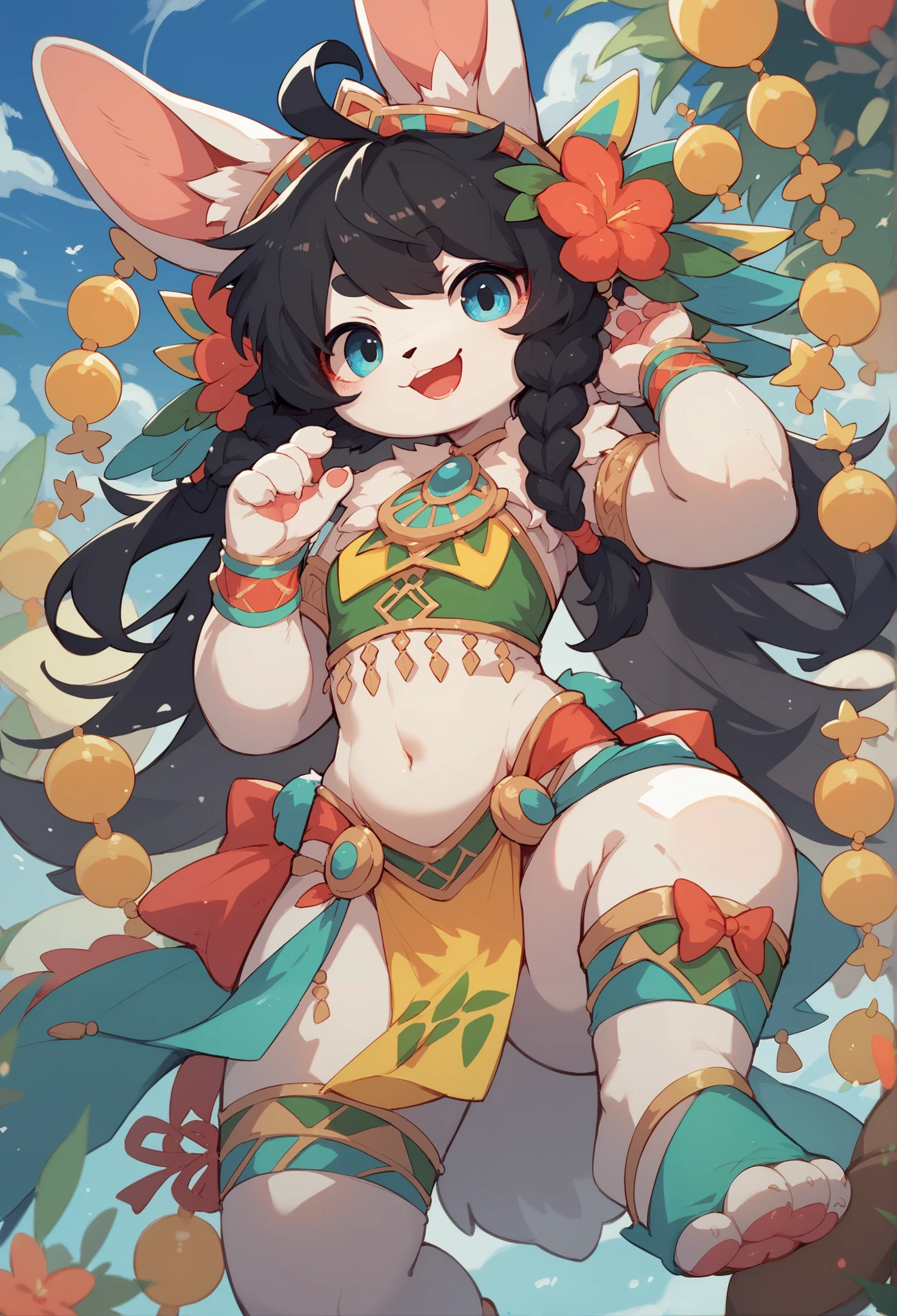 anime illustration、Highest image quality、jungle、Buxom dark-skinned tribal female warrior from the tropics、perfect proportions、beautiful eyes、wild clothes、Overwhelmingly big breasts beyond the norm、thick legs、cowboy shot、Cheerful smile、Estrus、squatting、peace sign