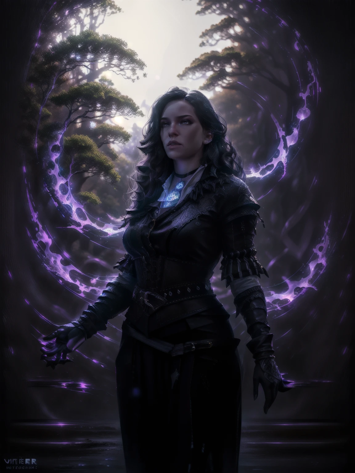 a beautiful woman with long dark hair, piercing violet eyes, sharp features, pale skin, ornate black and purple dress, standing in a magical forest with mystical glowing plants and floating particles, dramatic lighting, ethereal atmosphere, cinematic composition, fantasy art style, digital painting, (best quality,4k,8k,highres,masterpiece:1.2),ultra-detailed,(realistic,photorealistic,photo-realistic:1.37),HDR,UHD,studio lighting,ultra-fine painting,sharp focus,physically-based rendering,extreme detail description,professional,vivid colors,bokeh, looking at the viwer