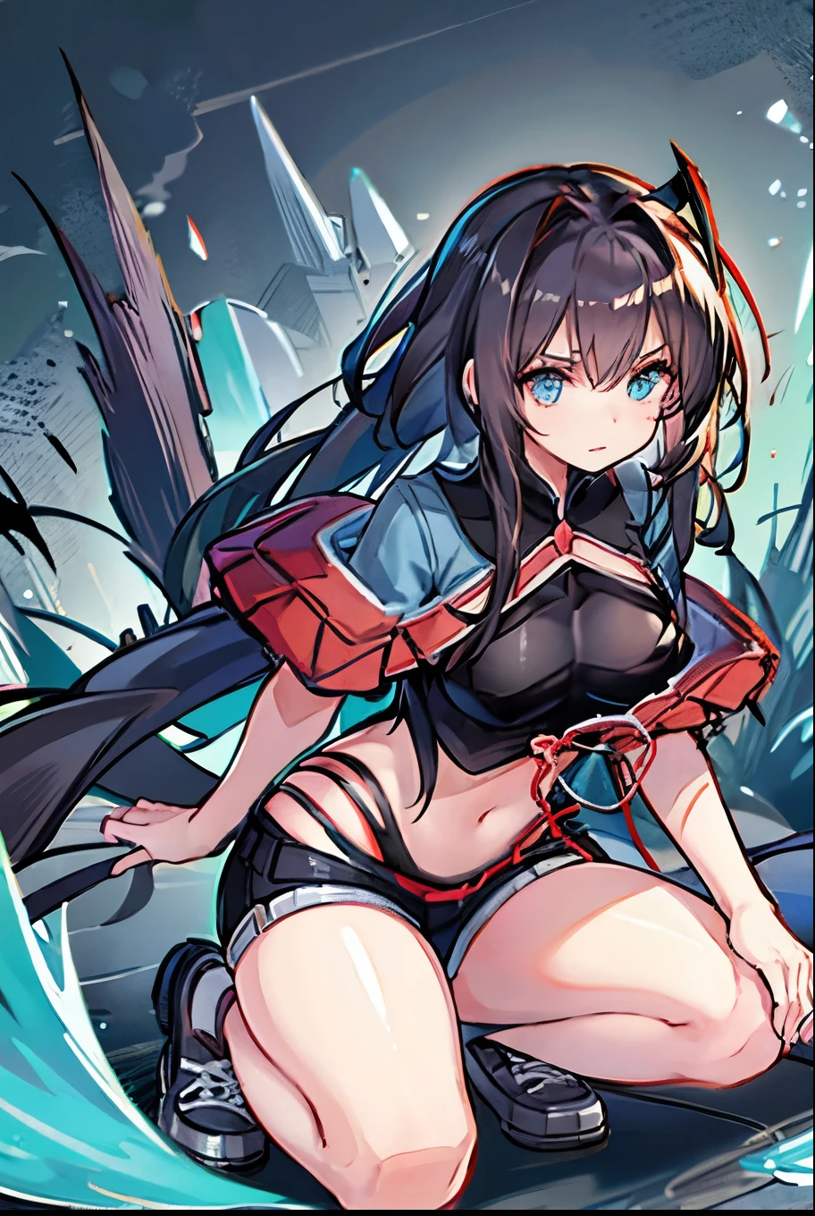 [ high quality] Wiš'adel  (Arknight)  small dark blue horns , turquoise blue eyes, long hair tied in a ponytail,  dark brown hair ,  huge breasts, dagger in the hand in defense position ,  shorts with a chain around the hips, short shirt, turquoise blue stencion,  brown hair, hair tied with a tail , Full media image, bottom: Destroyed City Cloudy, dagger in the hand at chest height, Muzlos-length sneakers
