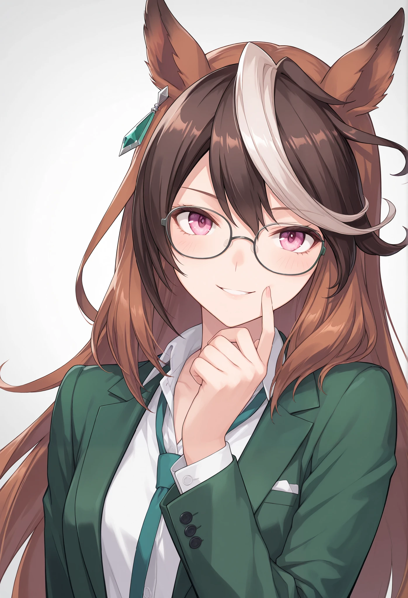 {{{Racecourse:1.6}}} {{{ 【 focus on upper body :1.5}}},( high resolution),( high resolution), ( Unity 8K Wallpaper),( detailed image ), {{{Type Moon :1.7}}},((draw:1.5)), symboli rudolf\( Uma Musume\), ,{Right earring },{{{secretary}}},{{{Glasses}}} { horny face } { seductive smile}