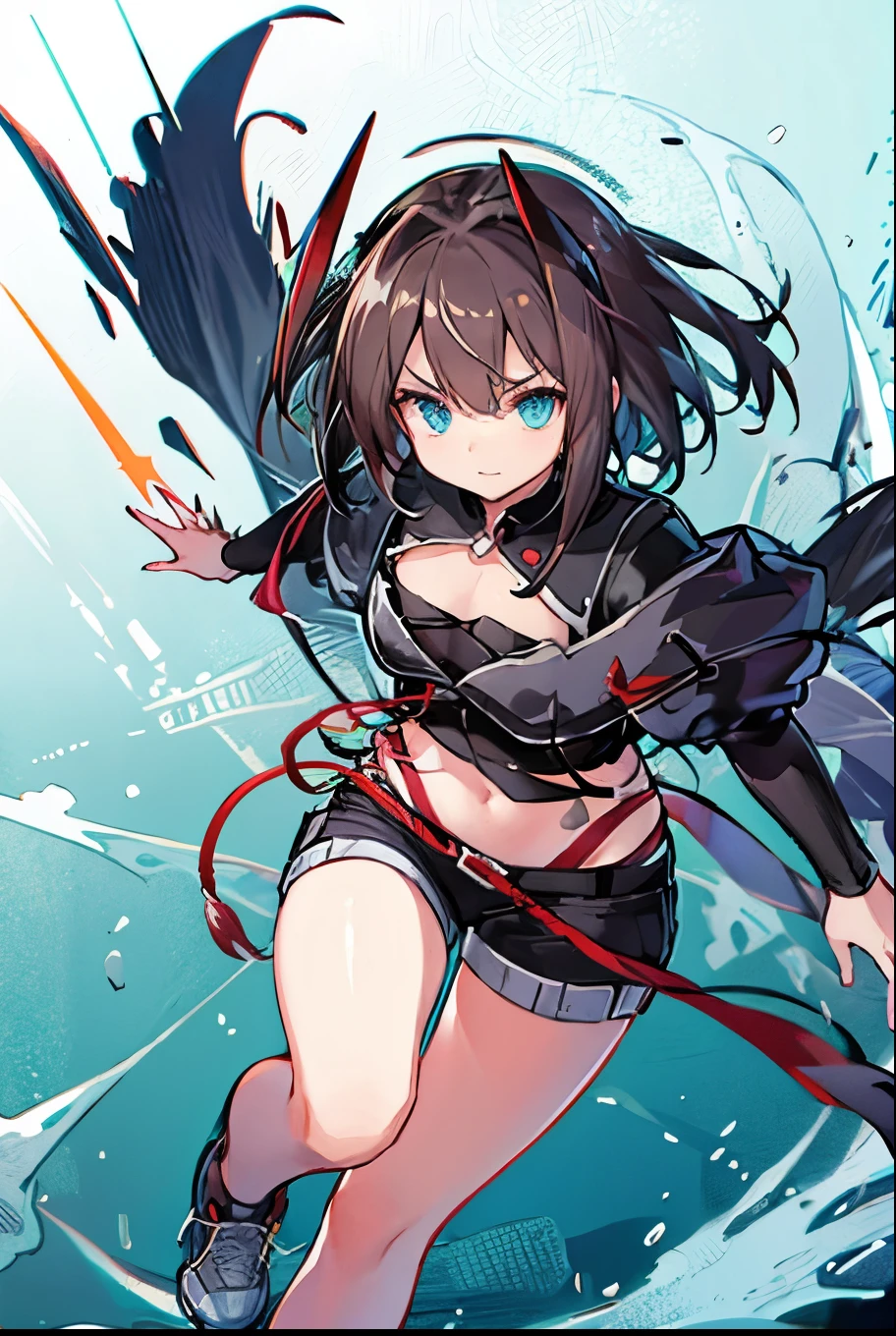 [ high quality] Wiš'adel  (Arknight)  small dark blue horns , turquoise blue eyes, hair tied in a long ponytail,  dark brown hair , Senos grandes, dagger in the hand in defense position ,  shorts with a chain around the hips, short shirt, turquoise blue stencion,  brown hair, hair tied with a tail , Full media image, bottom: Destroyed City Cloudy, dagger in the hand at chest height, Muzlos-length sneakers