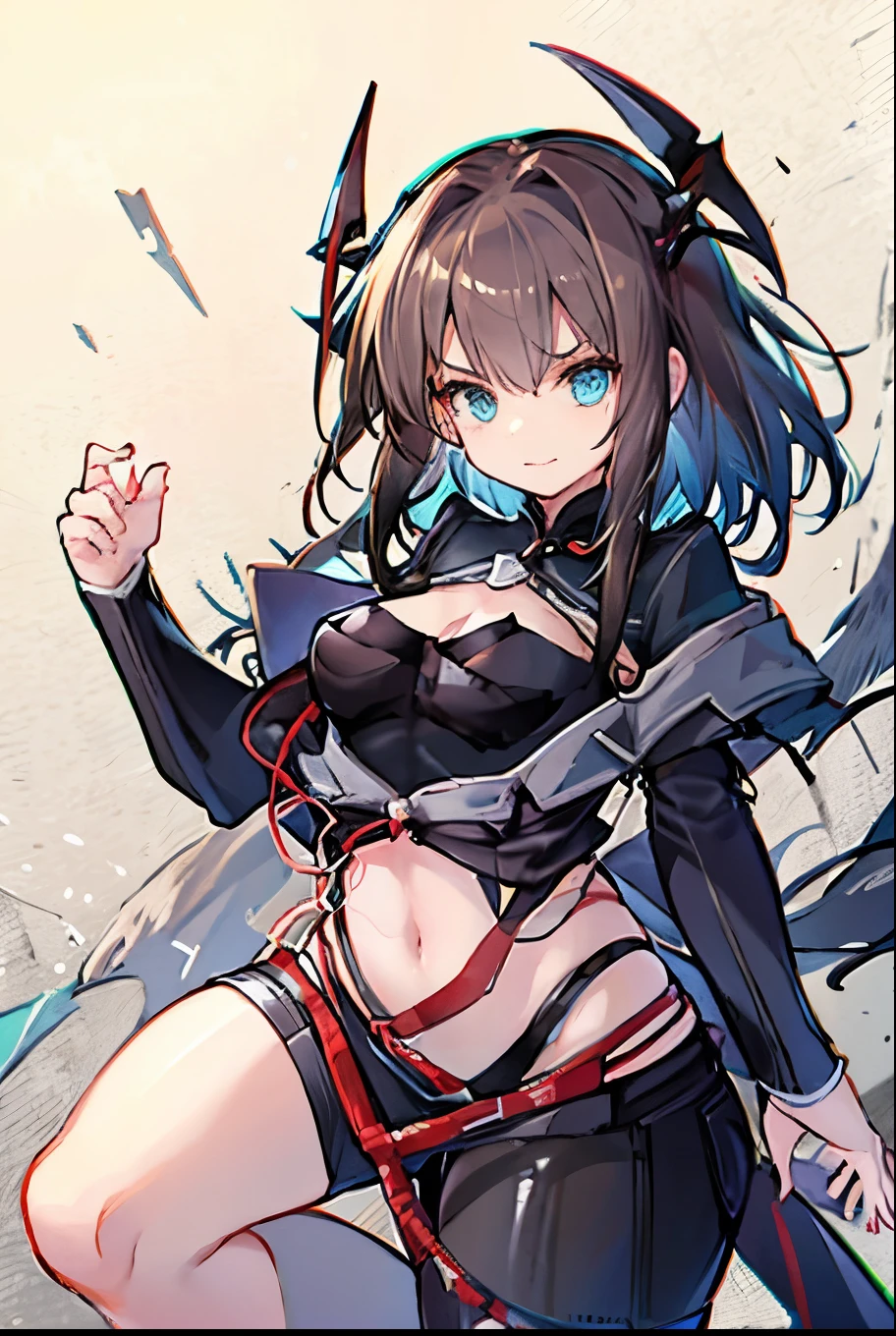 [ high quality] Wiš'adel  (Arknight)  small dark blue horns , turquoise blue eyes, long hair tied in a ponytail,  dark brown hair ,  huge breasts, dagger in the hand in defense position ,  shorts with a chain around the hips, short shirt, turquoise blue stencion,  brown hair, hair tied with a tail , Full media image, bottom: Destroyed City Cloudy, dagger in the hand at chest height, Muzlos-length sneakers