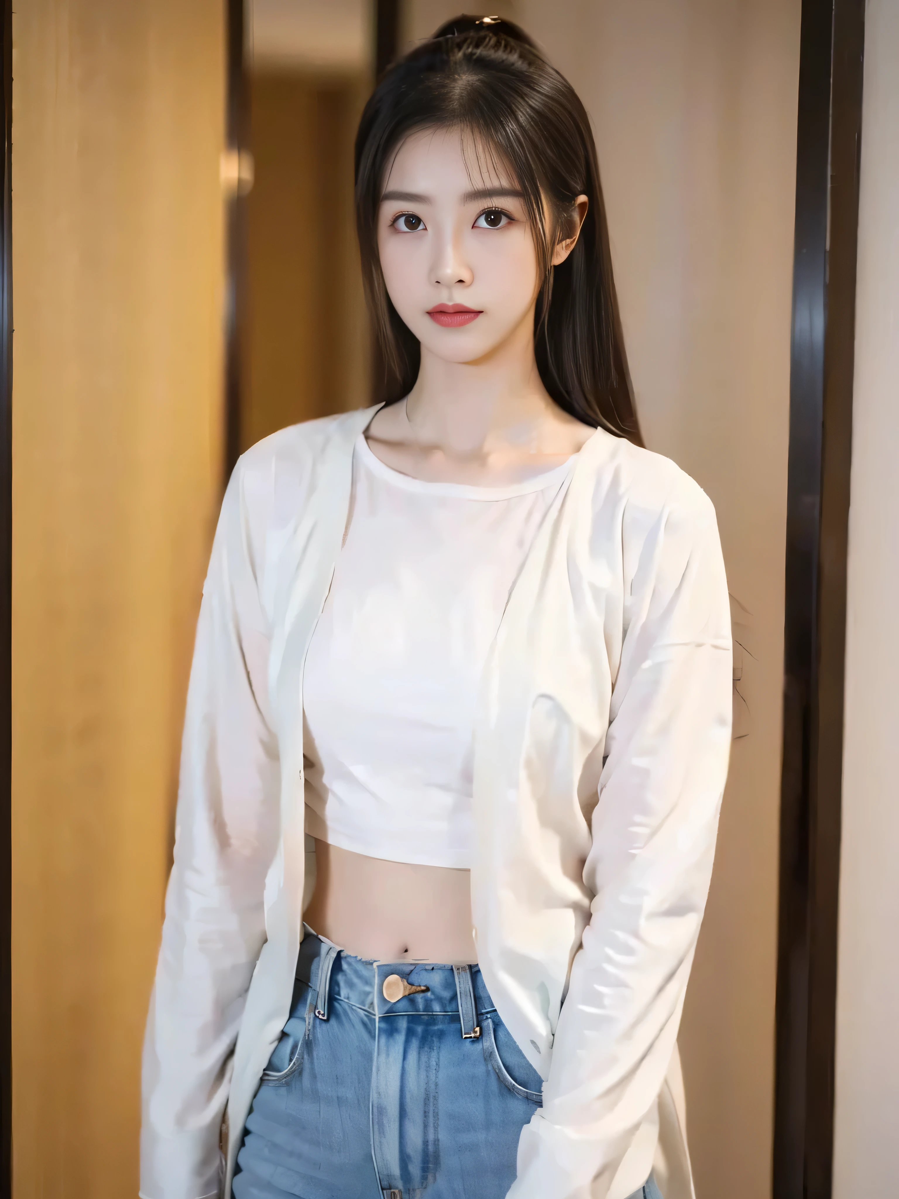 a beautiful girl,Medium-length hair, full chest ,A beautiful girl with a clear body outline , simple clothes