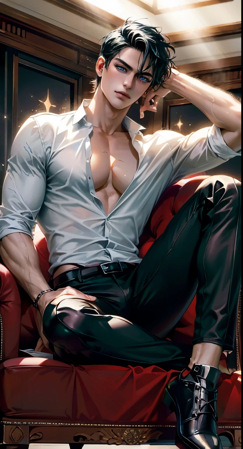 Handsome man, brown hair, long hair, muscular, tall, sitting on throne, horns, black eyes, ear piercings, expression smirk, big bulge in pants, black pants, burgundy color shirt, nightfall, dark room, shirt, scars on body
