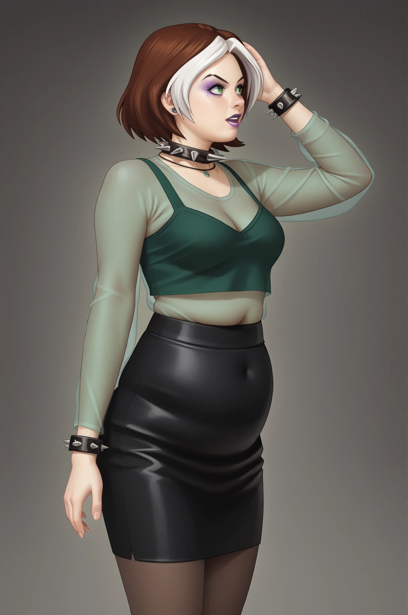 source _ cartoon, score_9, score_8_arriba, score_7_arriba, score_6_arriba, score_5_arriba, score_4_arriba, BREAK, 1 girl, 1 girl, rogue(big fat body), wonder, multicolored hair , brown hair , white hair, Lápiz labial morado, Sombra de ojos morada, green eyes, transparent shirt, skirt, spiked necklace , spiked bracelets , modeling pose , (clothes that fit your big, fat body size).