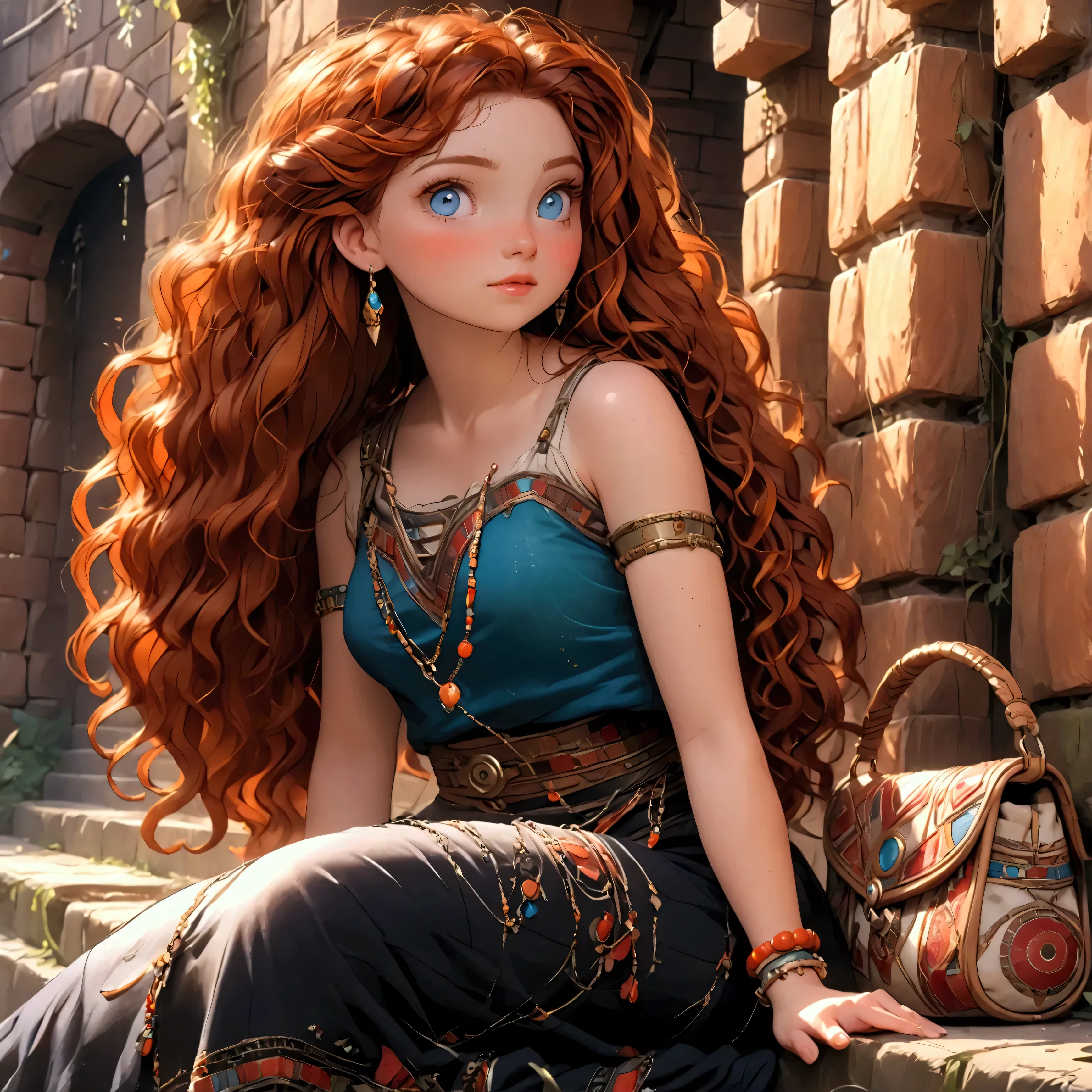 (beautiful girl:1.3),1girl,masterpiece,Highest quality,Ultra-high resolution,rich contrast,super high quality,8k,Highly detailed CG unit wallpaper,texture,Incredibly absurd,Ultra-high resolution,Highest quality anime,professional photograph,an extremely delicate and beautiful,RAW Photos,Depth of Field 1.2,ultra-detailed eyes,Glitter Effect, Beautiful glossy lips, 25years old, gorgeous legs, noise perfect, gorgeous ass, from behind, background random, Disney Princess Merida, full body, MeridaXLP, freckles, wavy hair, no bra, sensual woman, seductive woman, mature woman, Milf, maternal, shy look, dynamic pose, Boho Set (Adventure and Freedom): Top: Sleeveless linen blouse in terracotta tone with floral embroidery in white thread, with a "V" shaped neckline and thin straps. Bottom: Long skirt with a wrap-around cut, with a multicolor ethnic print in warm tones (red, orange and yellow). The skirt has a lace fringe at the bottom edge. Shoes: Brown leather sandals with thin straps and beaded details. Accessories: Wooden bracelets, silver rings and a straw bag with leather details.