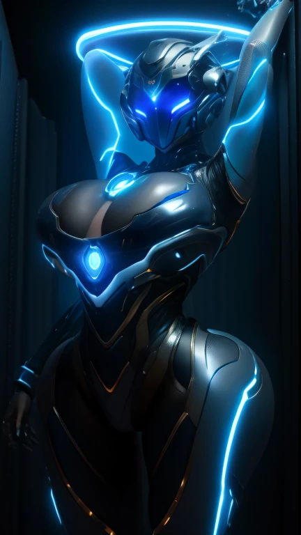 Dronificated unknown woman in a fully enclosed white latex fullbody suit with blue lights across the suit and green star shaped glowing core in the chest, fully enclosed cyber helmet that cover her whole face and hides her identity with a blue screen that has a white star, huge breast, narrow waist, wide hips and thick thighs, Mechanical wings, in a forest, no face, no hair, no mouth, no eyes, (perfect anatomy)